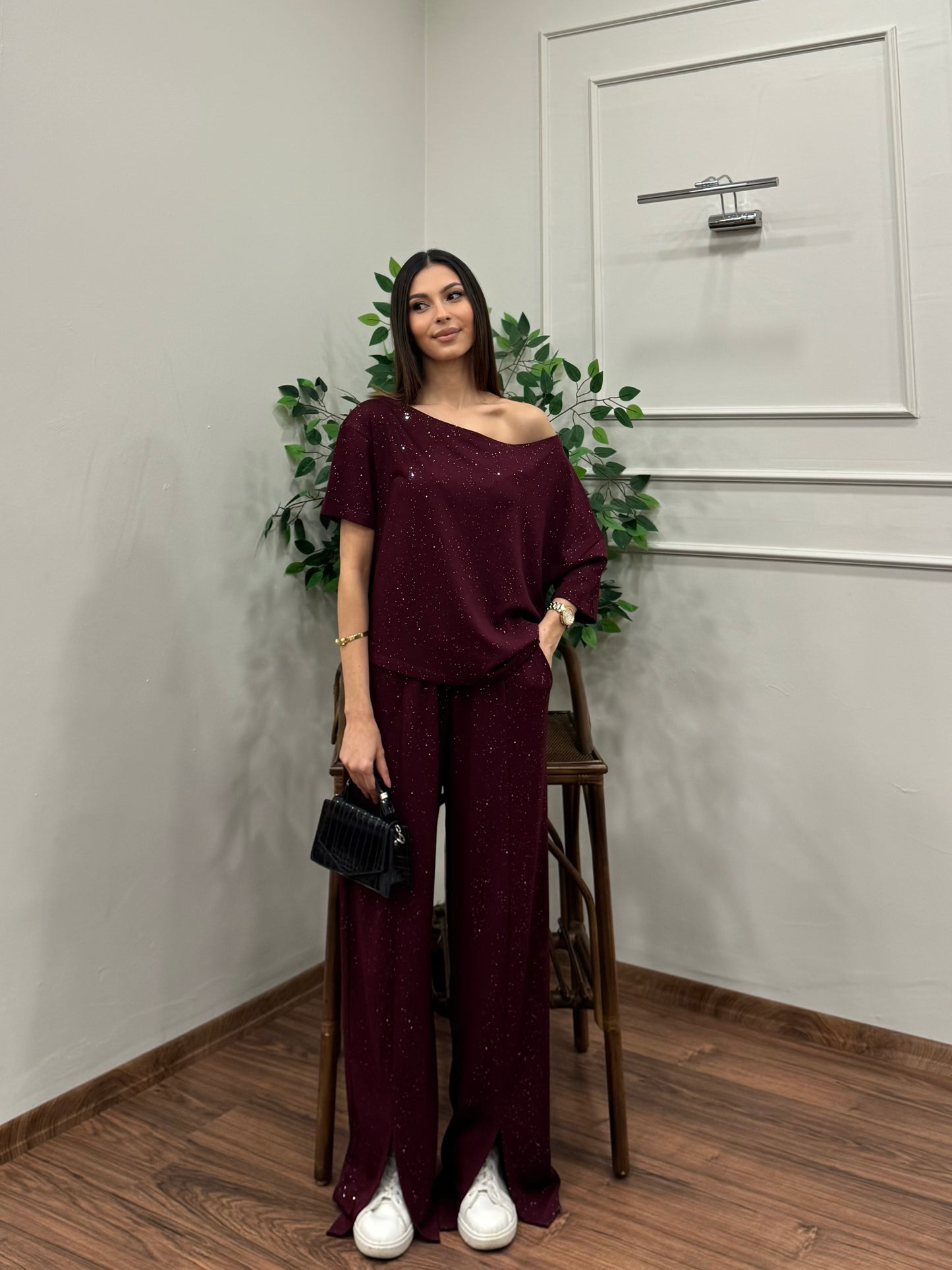 Glam Simli Tek Omuz Bordo Takım