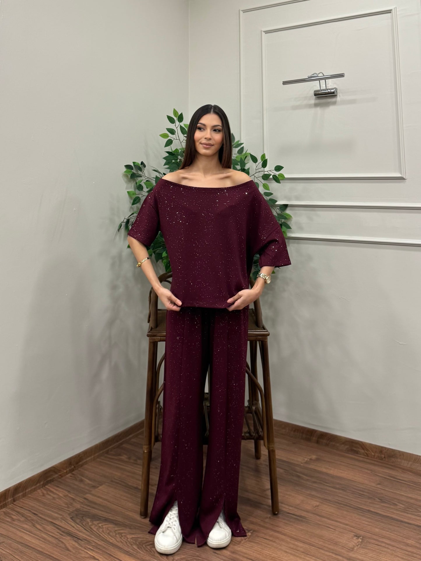 Glam Simli Tek Omuz Bordo Takım