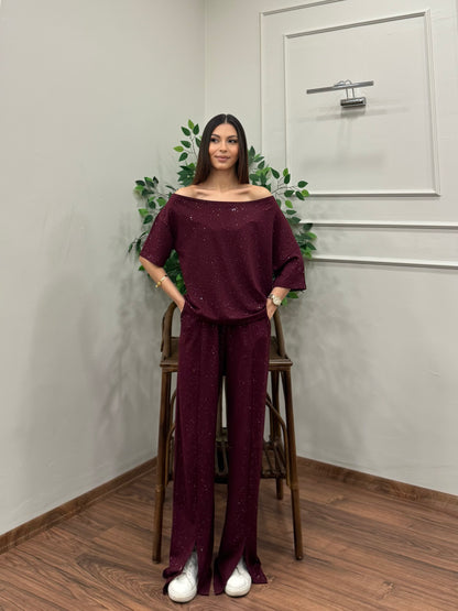 Glam Simli Tek Omuz Bordo Takım