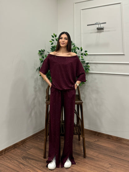 Glam Simli Tek Omuz Bordo Takım