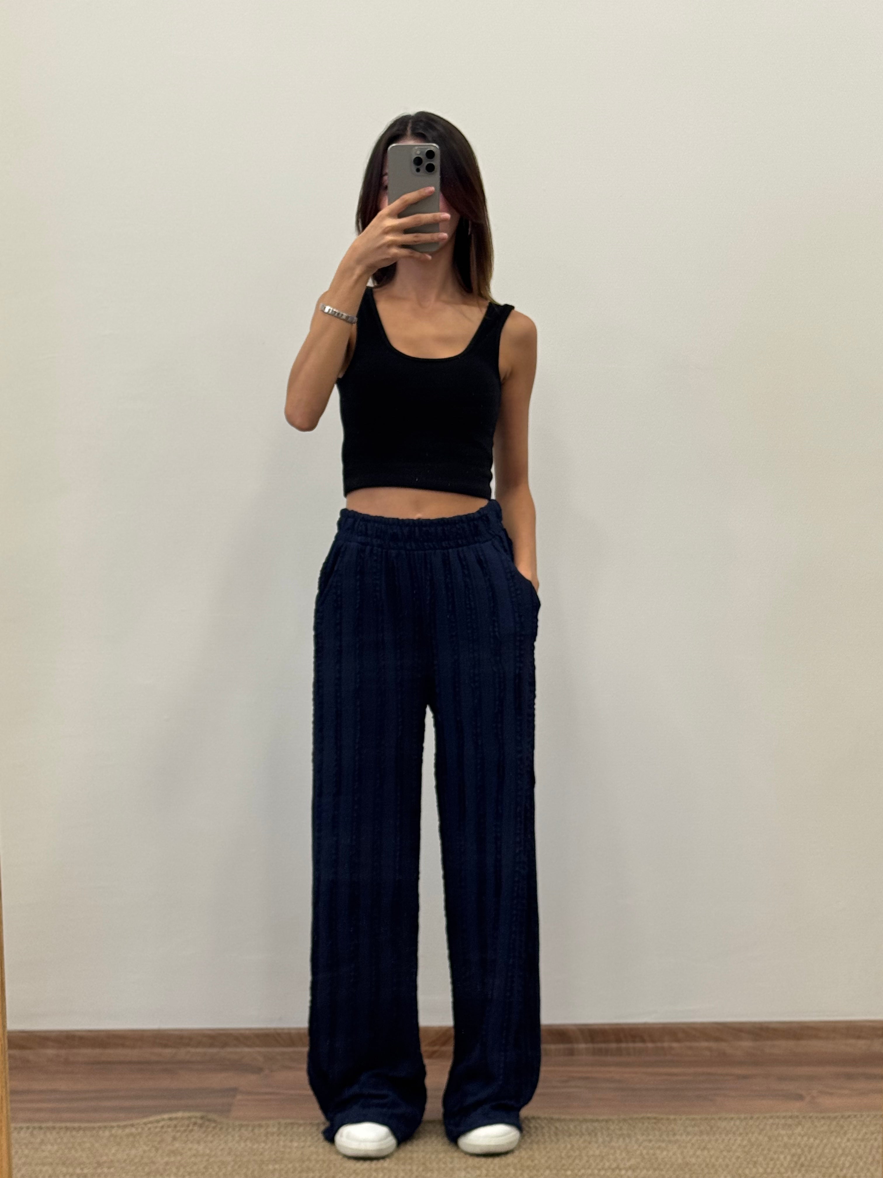 Gagari Kumaş Geniş Kesim Lacivert Pantolon