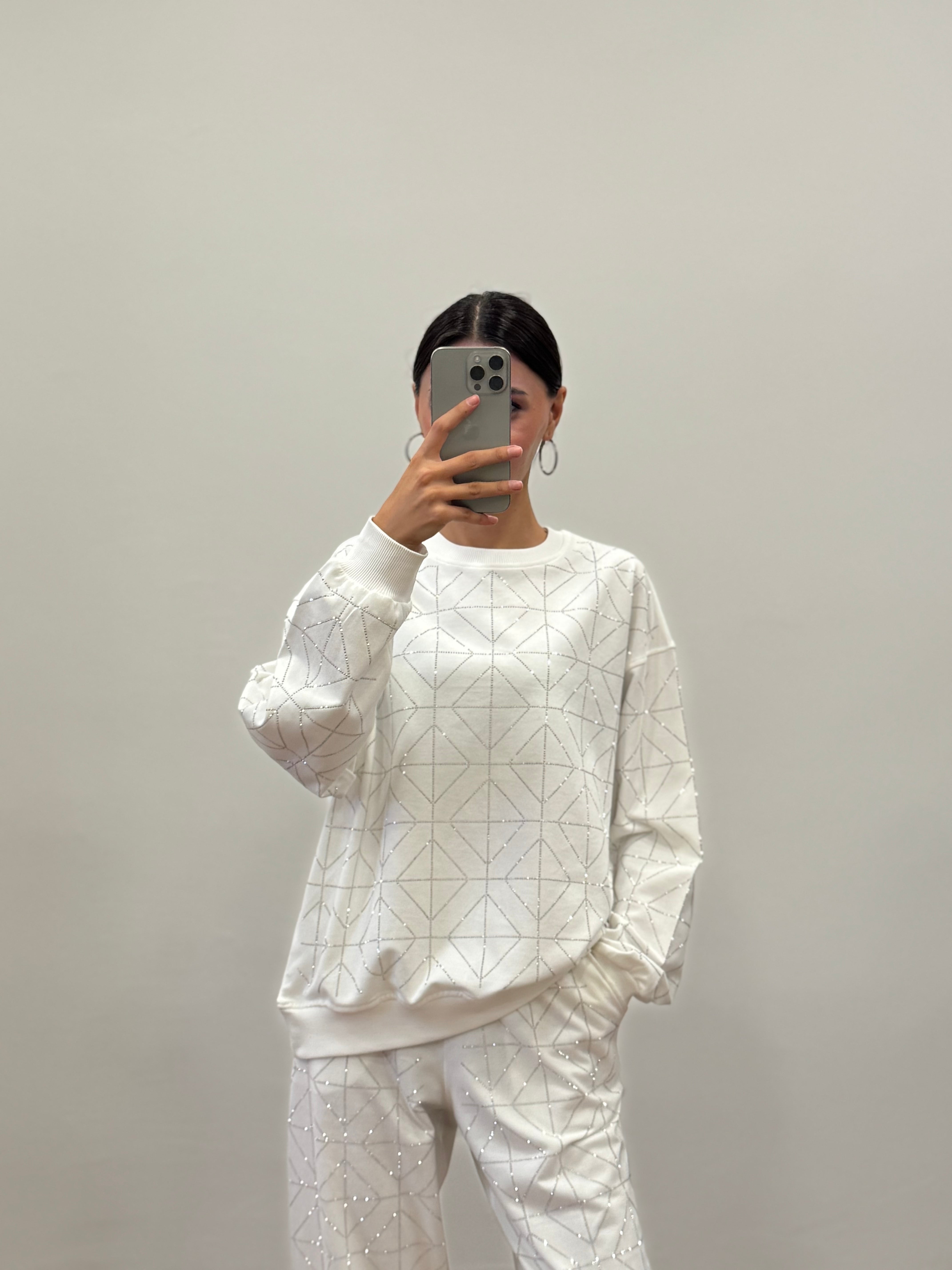 Glowset Taşlı Beyaz Bluz Pantolon Takım