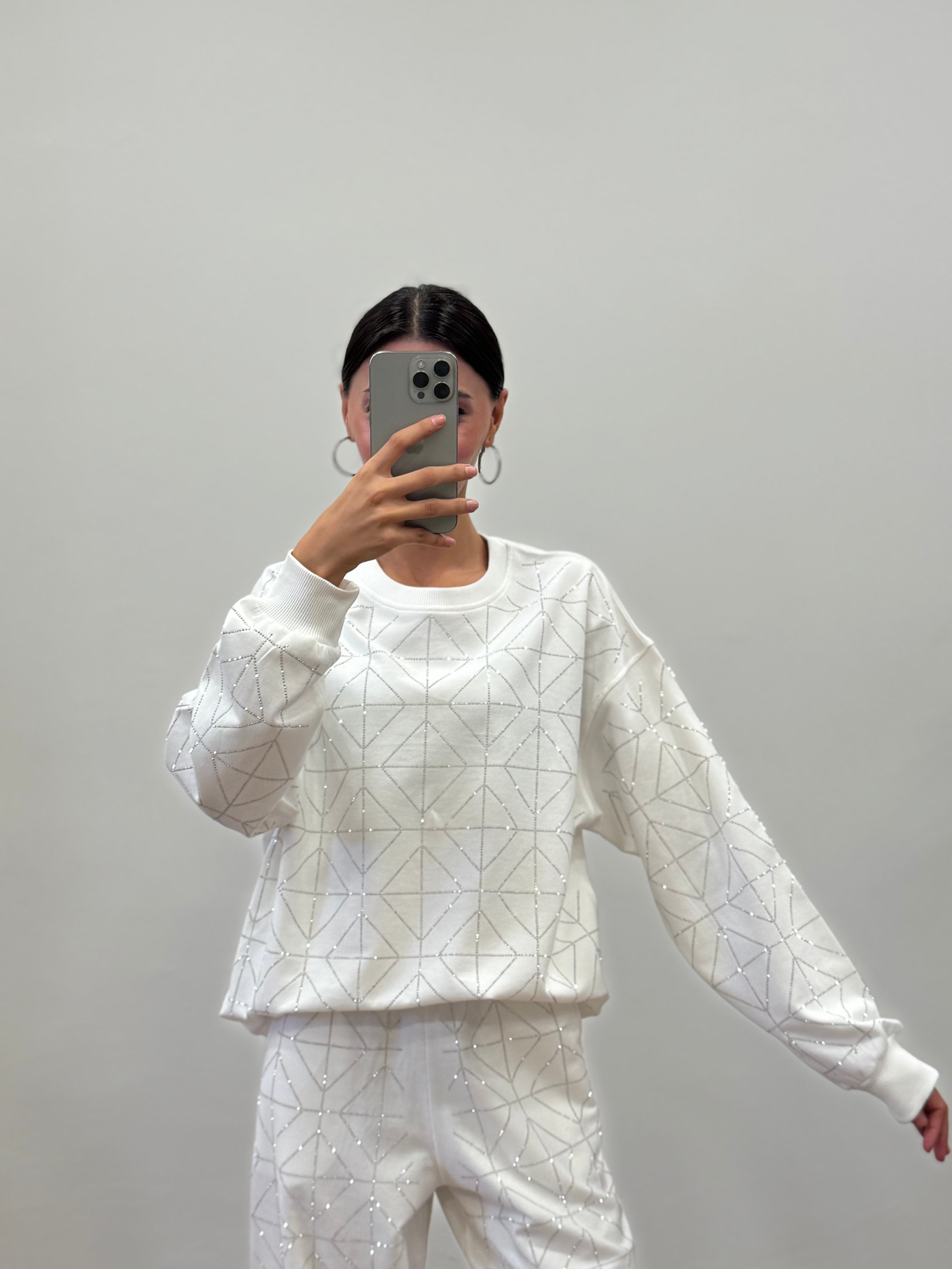 Glowset Taşlı Beyaz Bluz Pantolon Takım