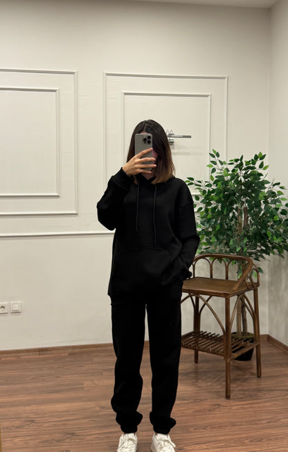 Miley Kapüşonlu Siyah Eşofman Takımı