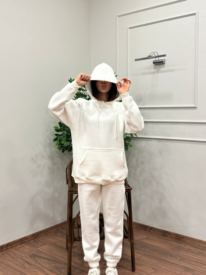 Miley Kapüşonlu Beyaz Eşofman Takımı