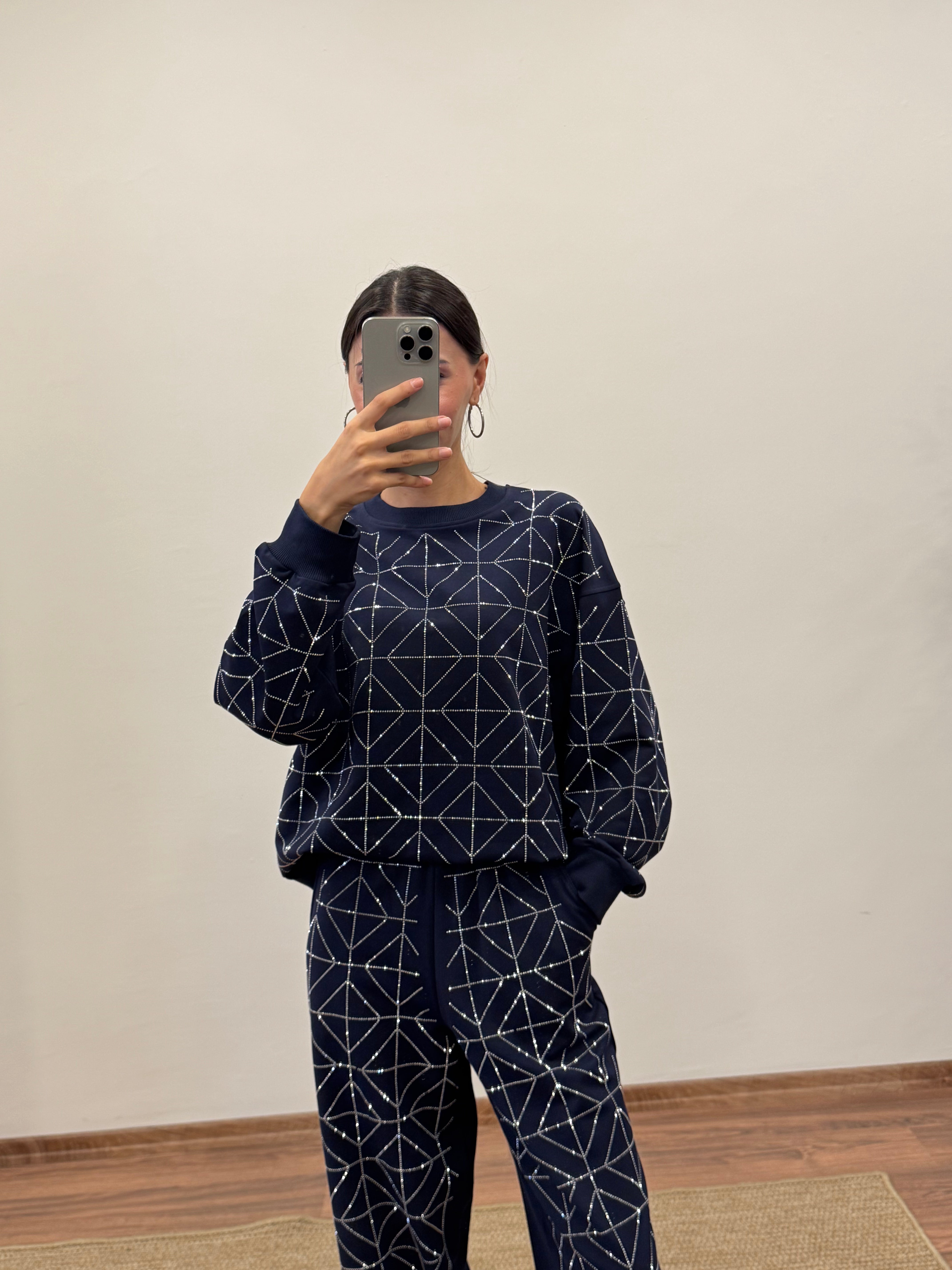 Glowset Taşlı Lacivert Bluz Pantolon Takım