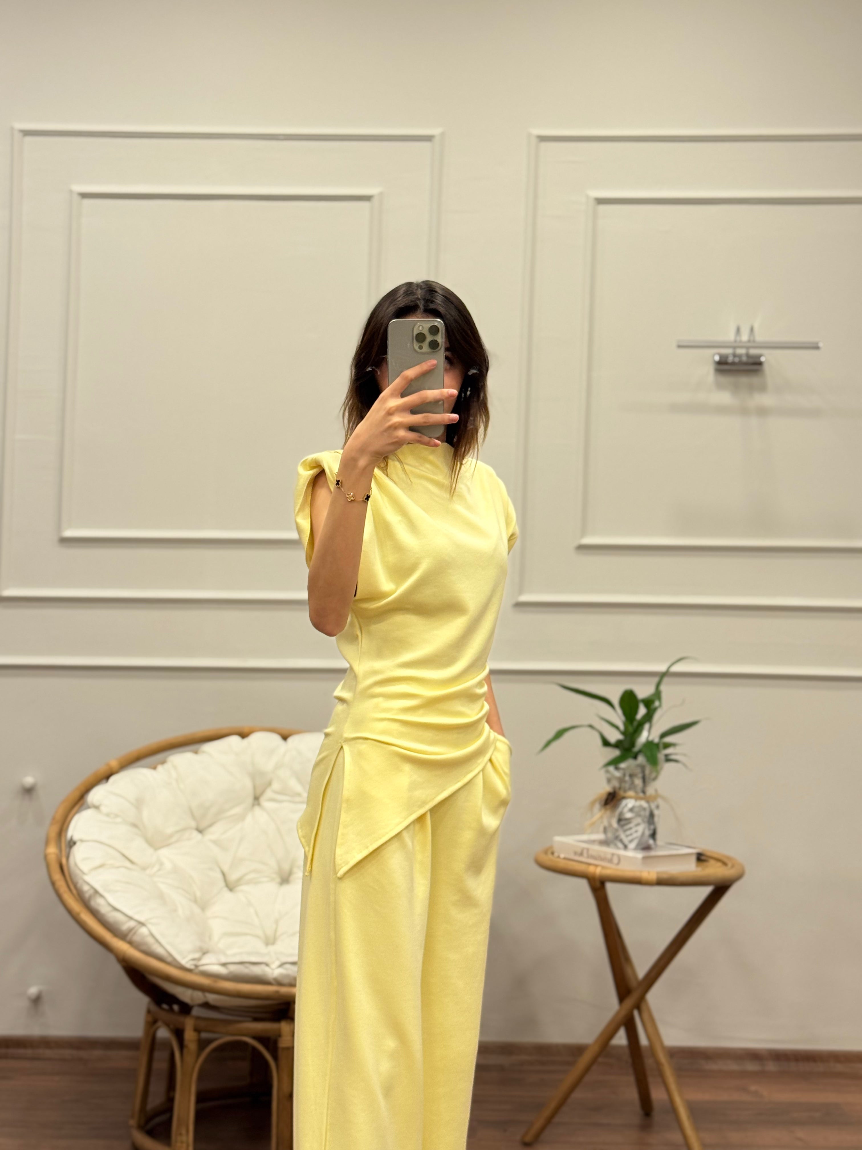 Stella Özel Tasarım İspanyol Pantolon Bluz Sarı Takım