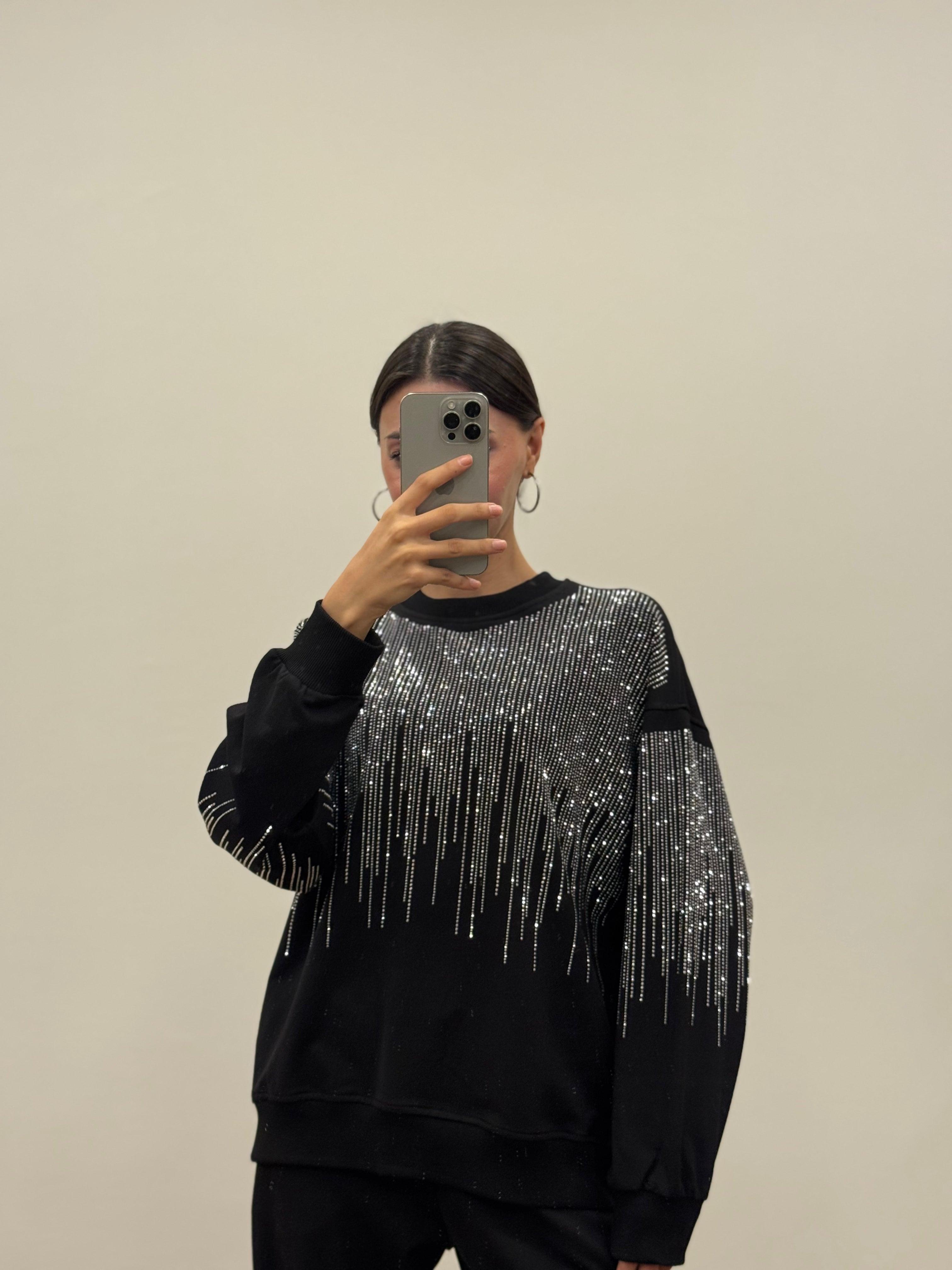 Saçak Taşlı Bluz Pantolon Siyah Takım