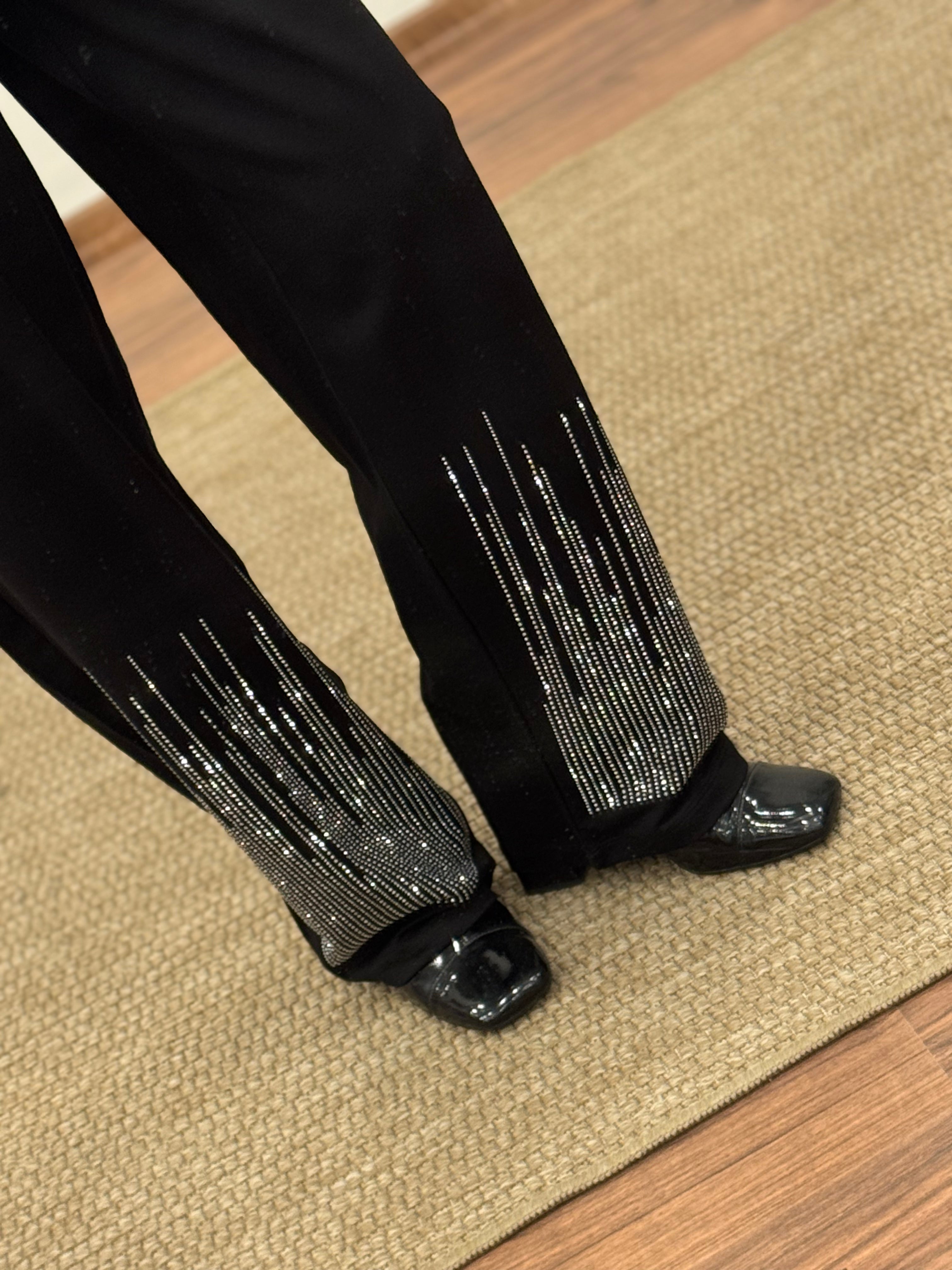 Saçak Taşlı Bluz Pantolon Siyah Takım