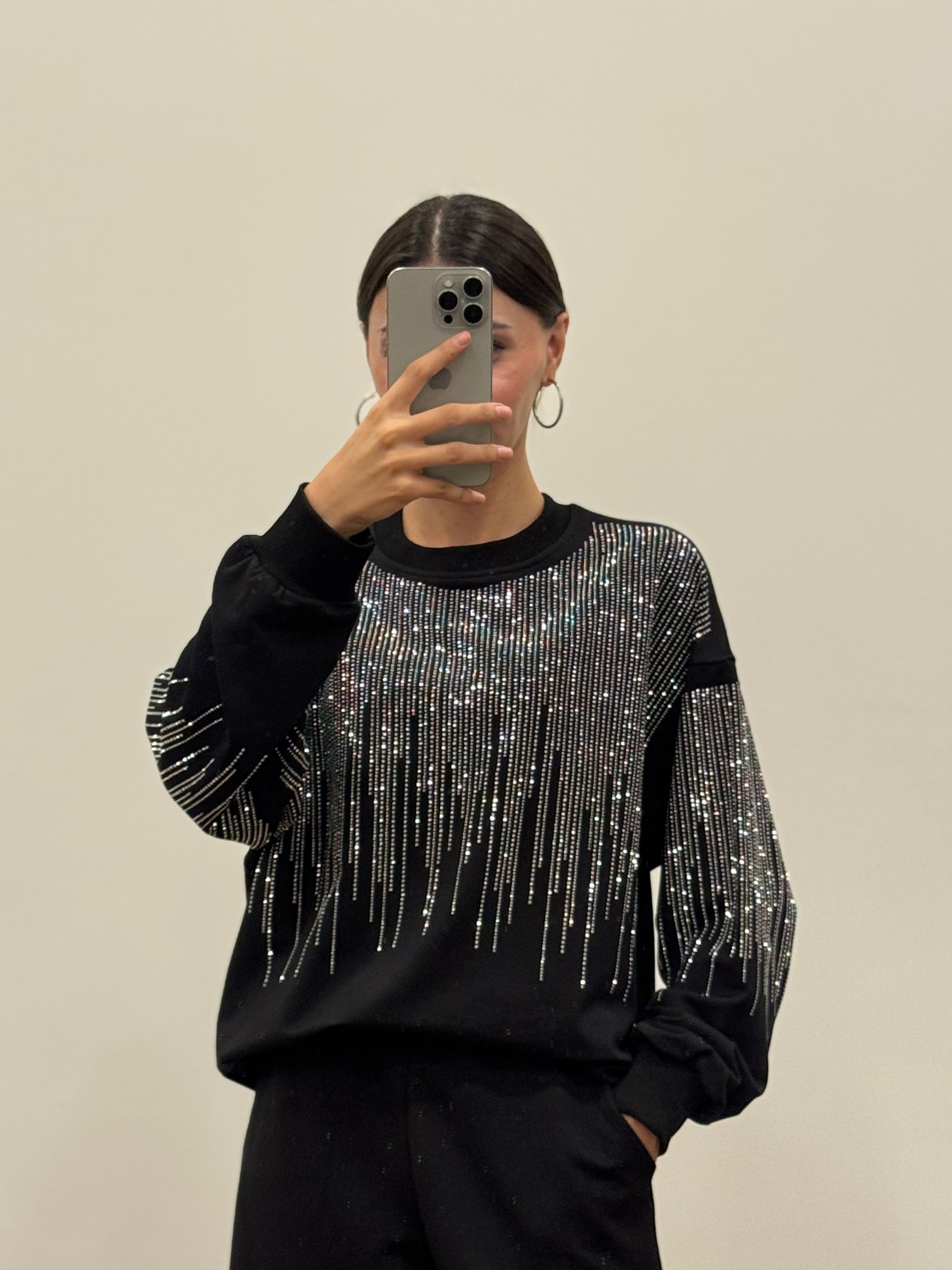 Saçak Taşlı Bluz Pantolon Siyah Takım