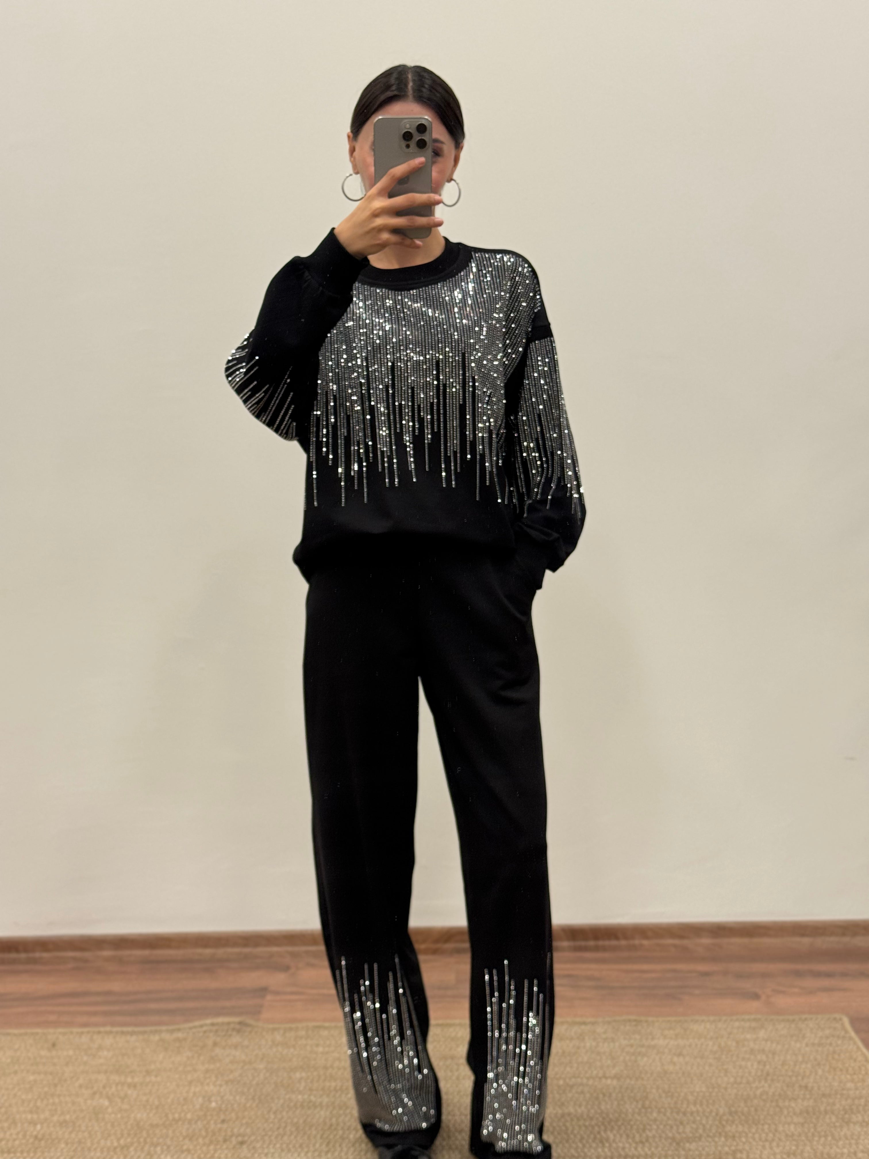 Saçak Taşlı Bluz Pantolon Siyah Takım