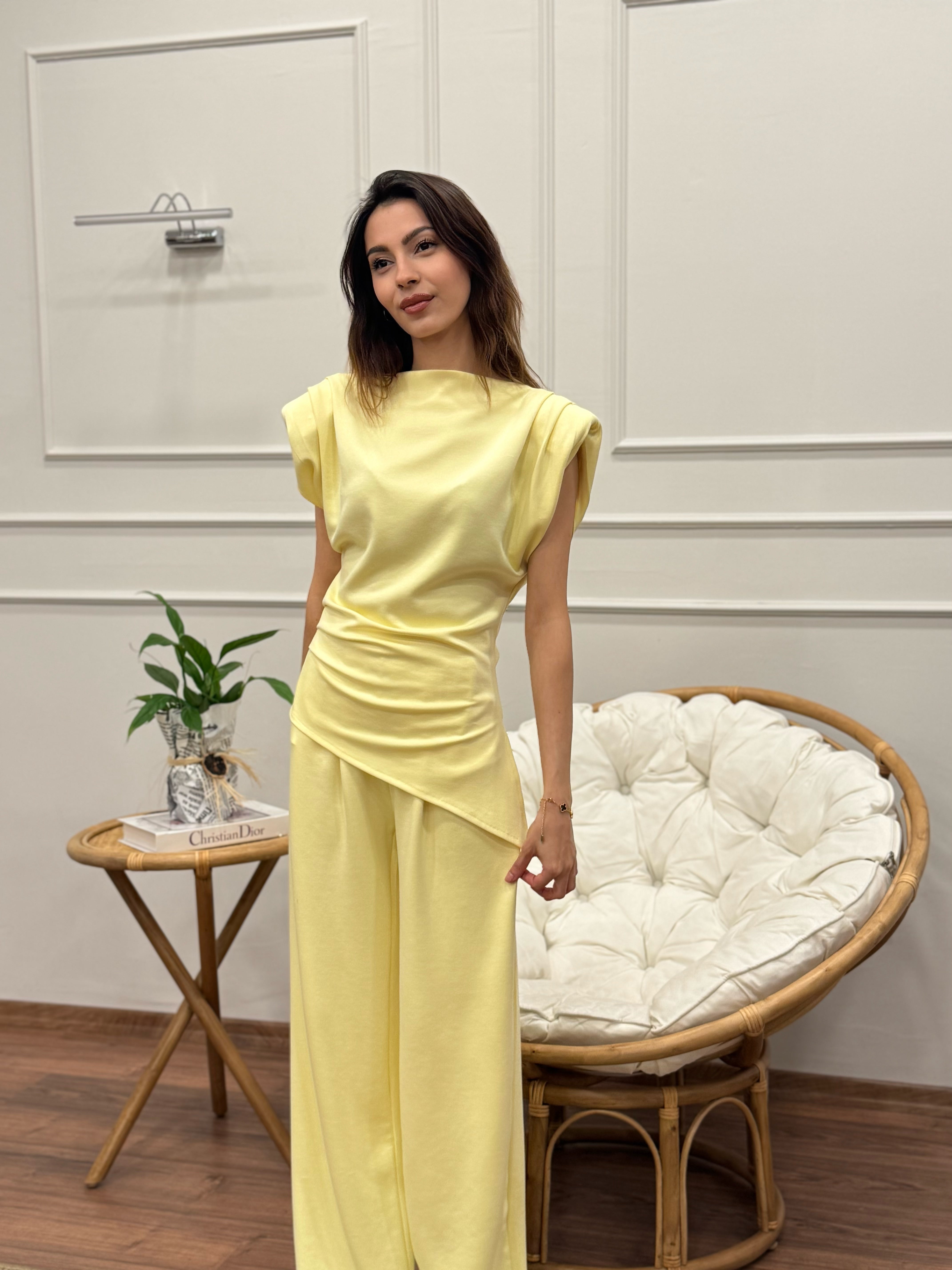 Stella Özel Tasarım İspanyol Pantolon Bluz Sarı Takım
