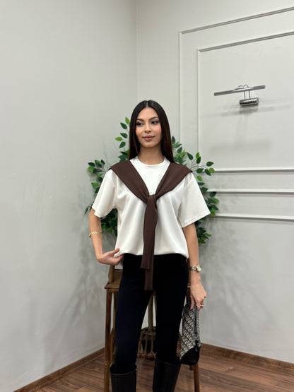 Tie Twst Model Bağlama Detay Kahverengi Bluz