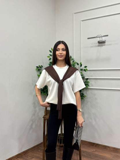 Tie Twst Model Bağlama Detay Kahverengi Bluz
