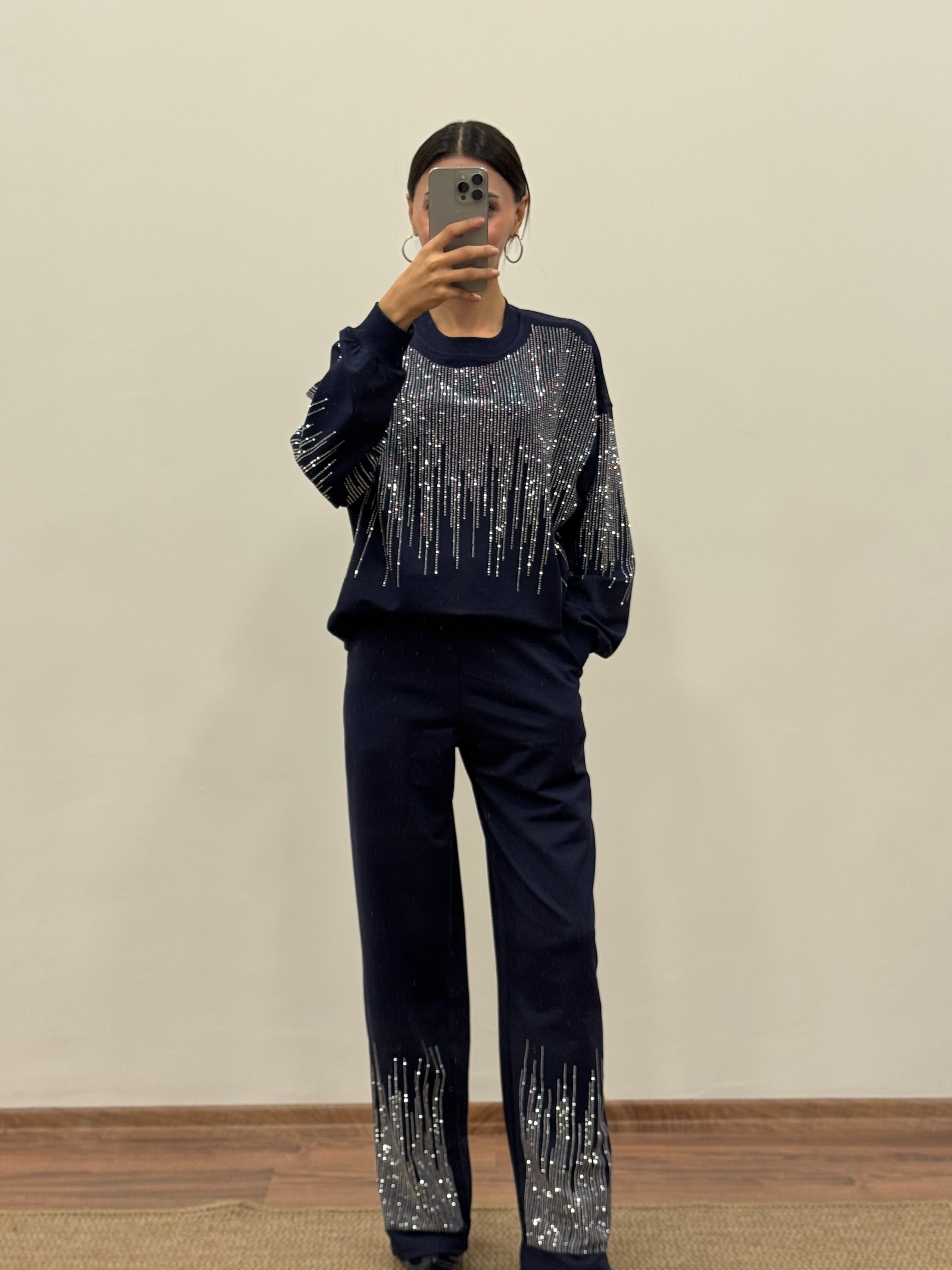 Saçak Taşlı Bluz Pantolon Lacivert Takım