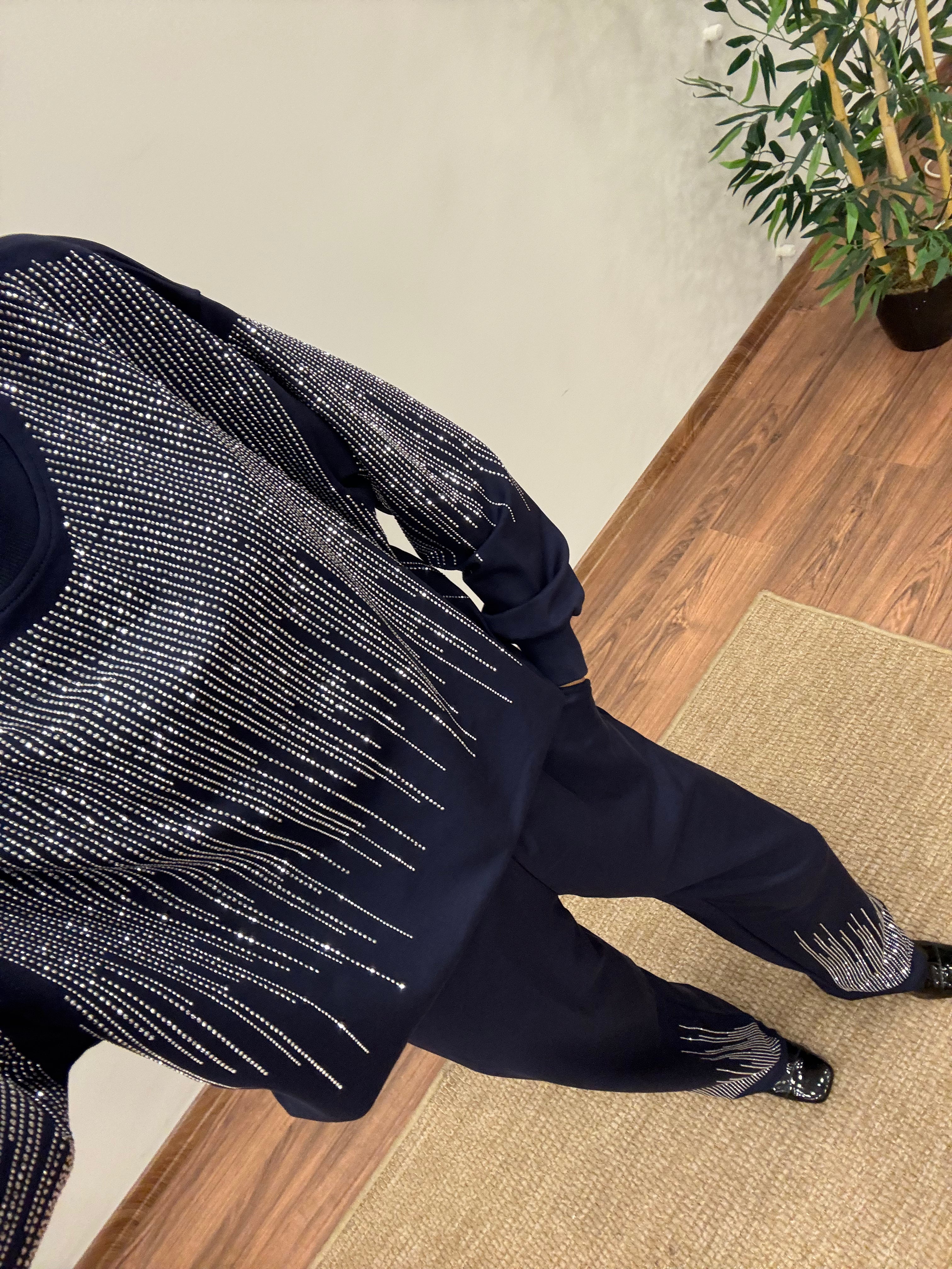 Saçak Taşlı Bluz Pantolon Lacivert Takım