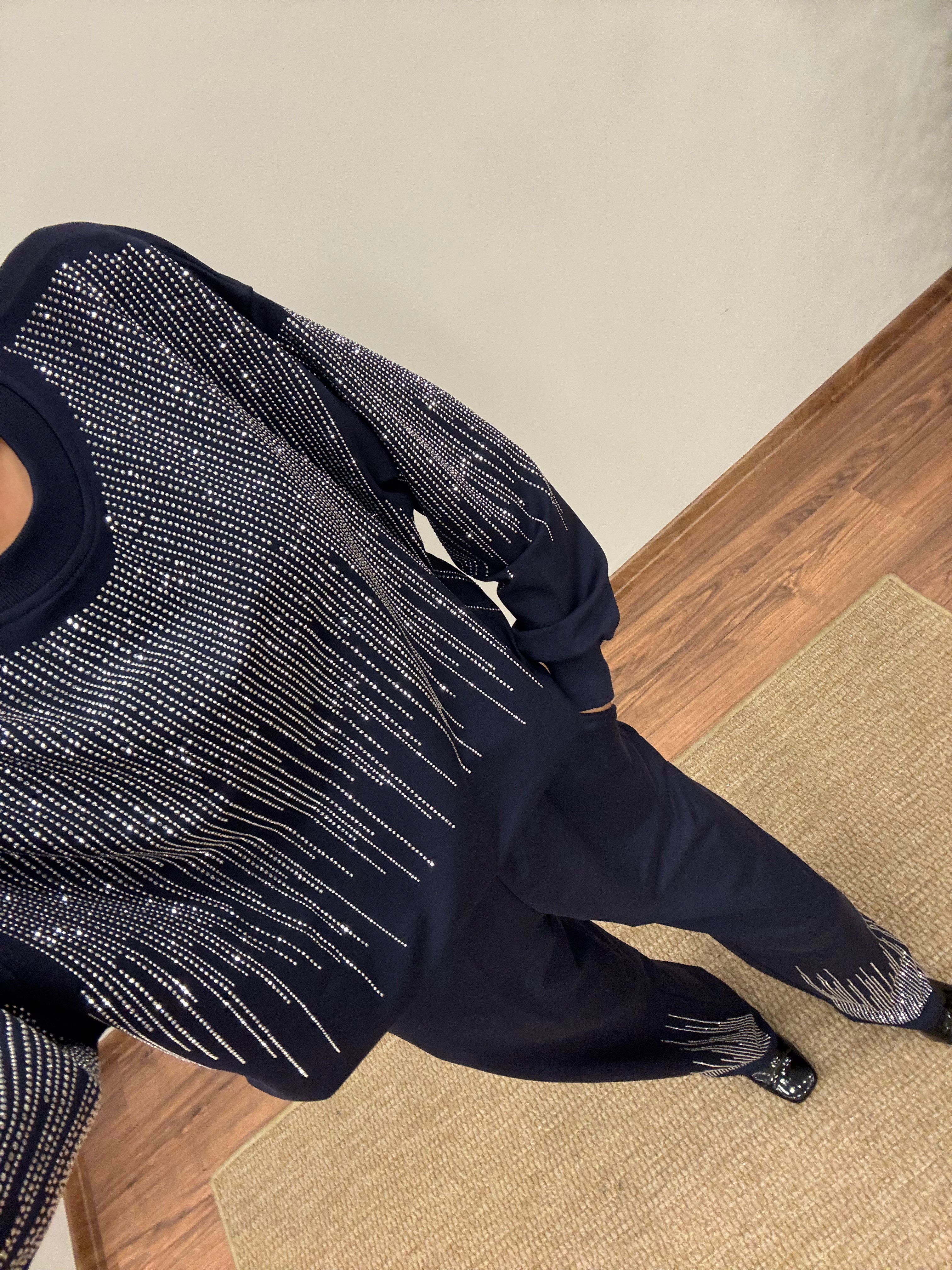 Saçak Taşlı Bluz Pantolon Lacivert Takım