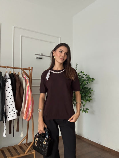 Fular Aksesuar Detay Kahverengi Triko Bluz