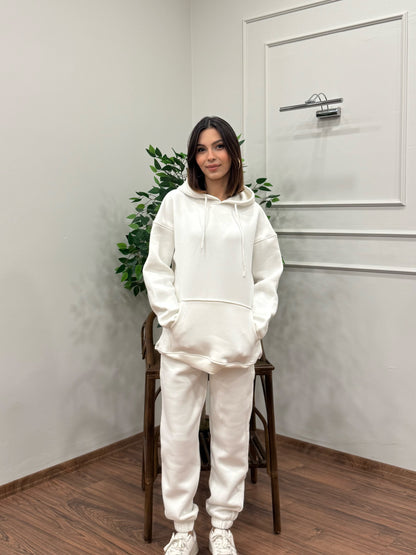 Miley Kapüşonlu Beyaz Eşofman Takımı