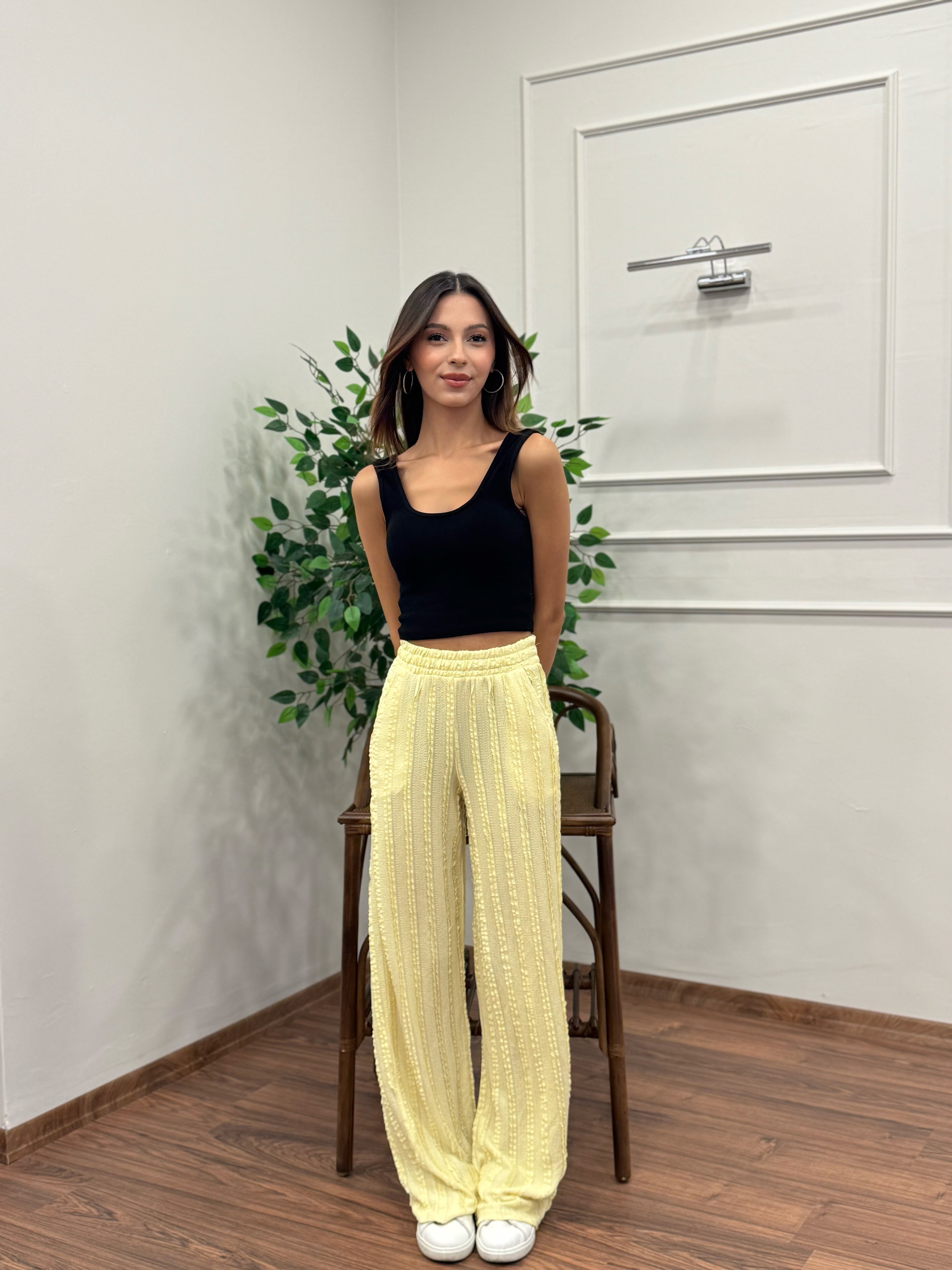 Gagari Kumaş Geniş Kesim Sarı Pantolon