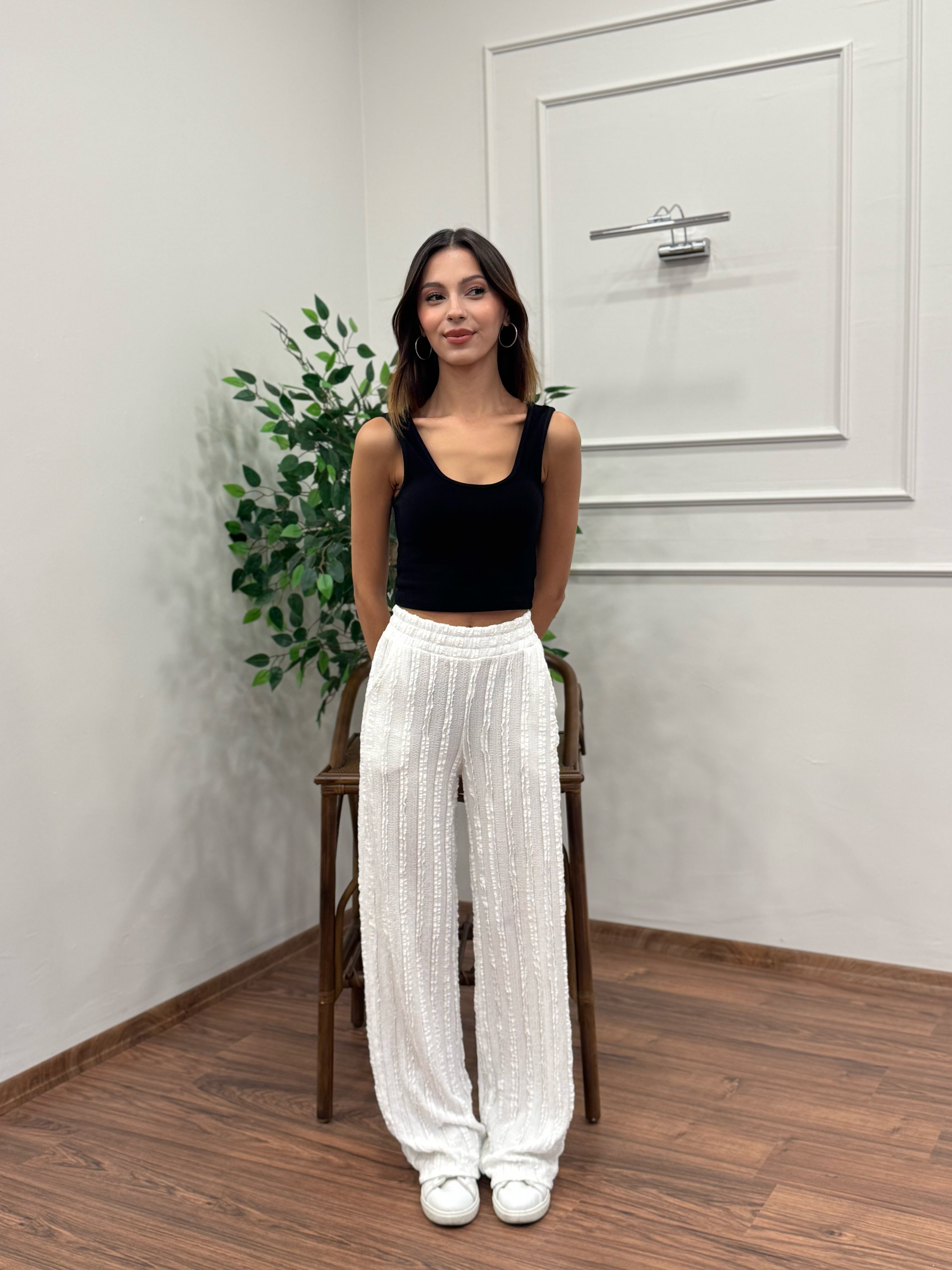 Gagari Kumaş Geniş Kesim Beyaz Pantolon