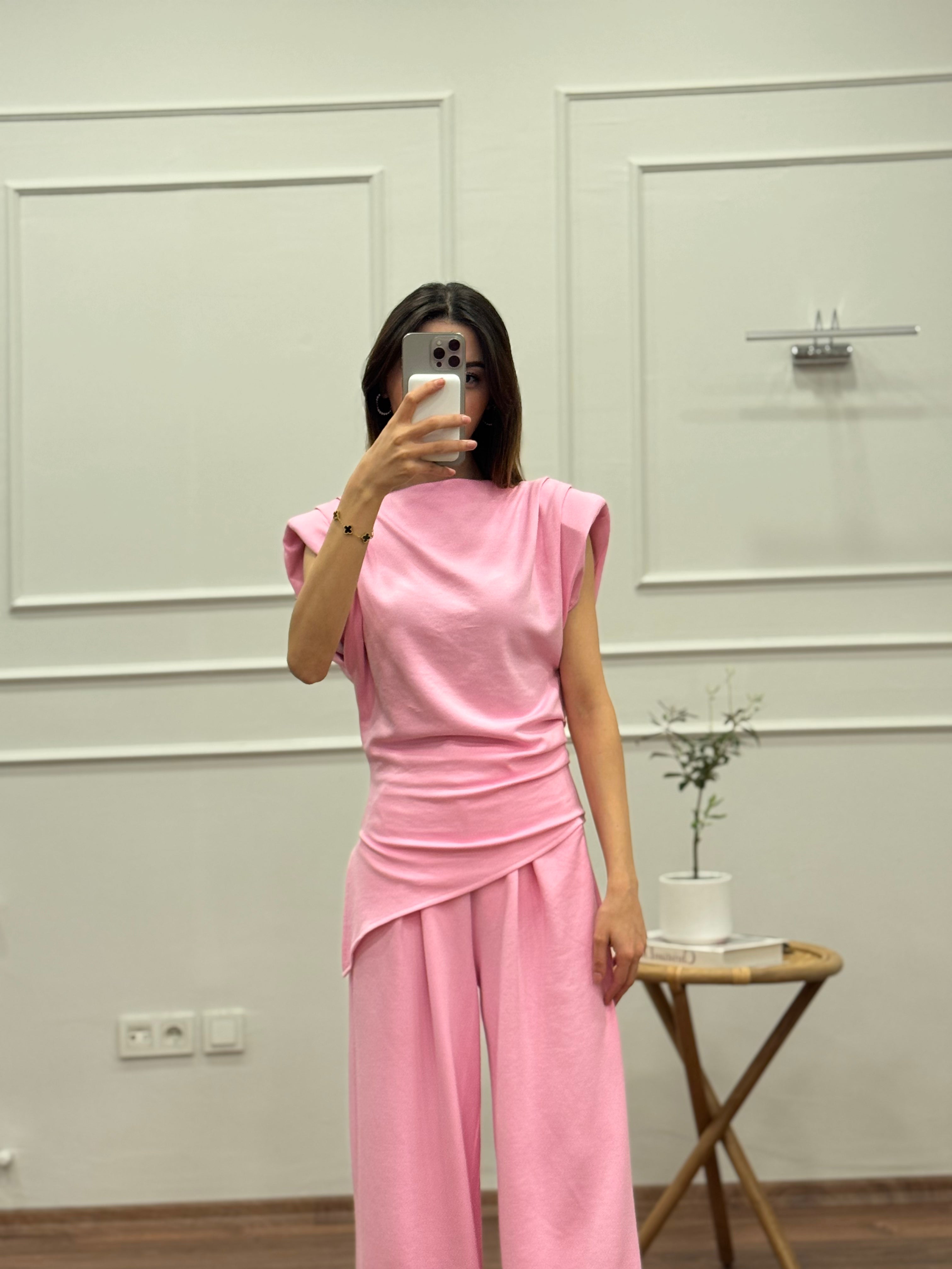 Stella Özel Tasarım İspanyol Pantolon Bluz Toz Pembe Takım