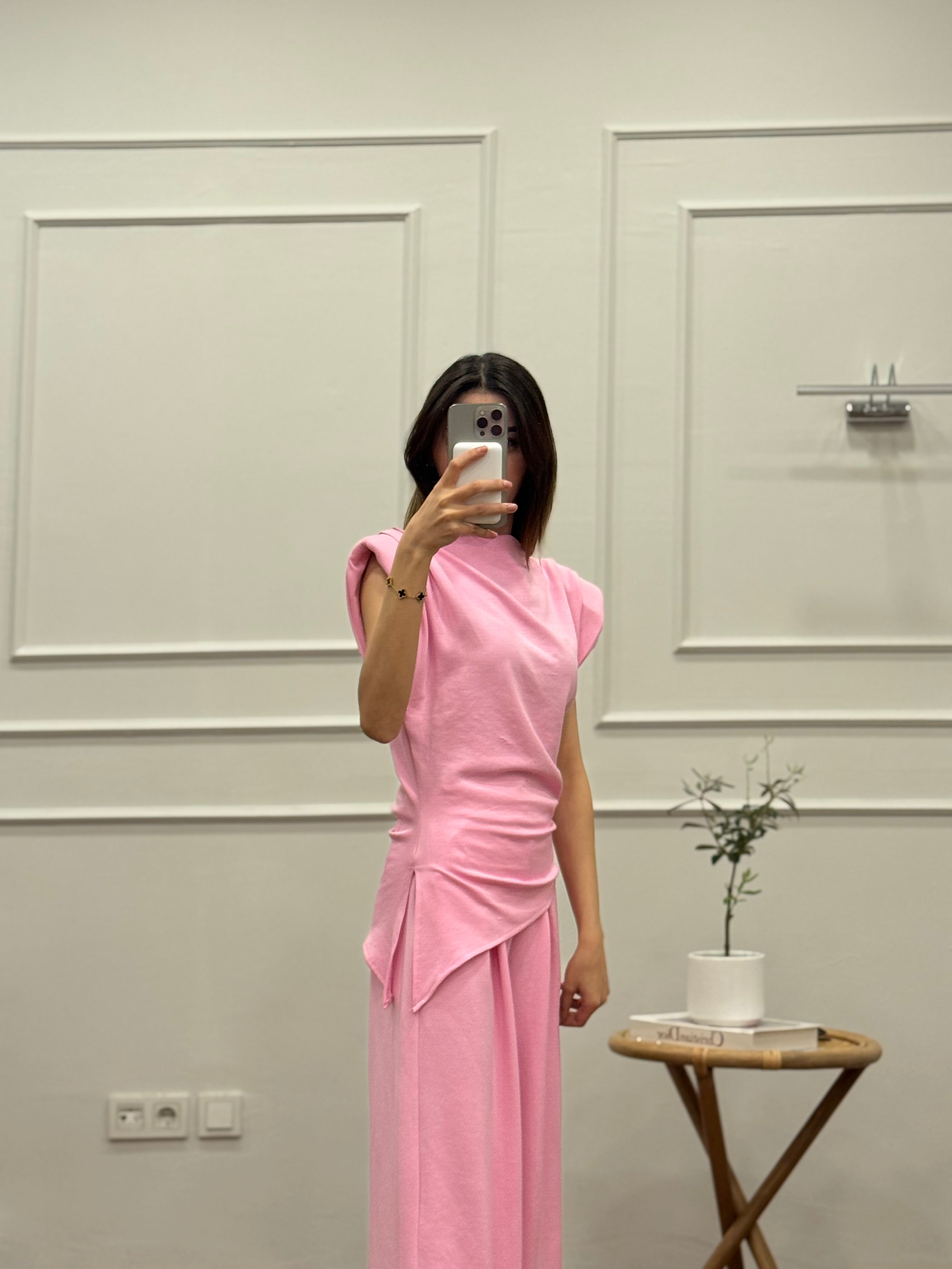 Stella Özel Tasarım İspanyol Pantolon Bluz Toz Pembe Takım