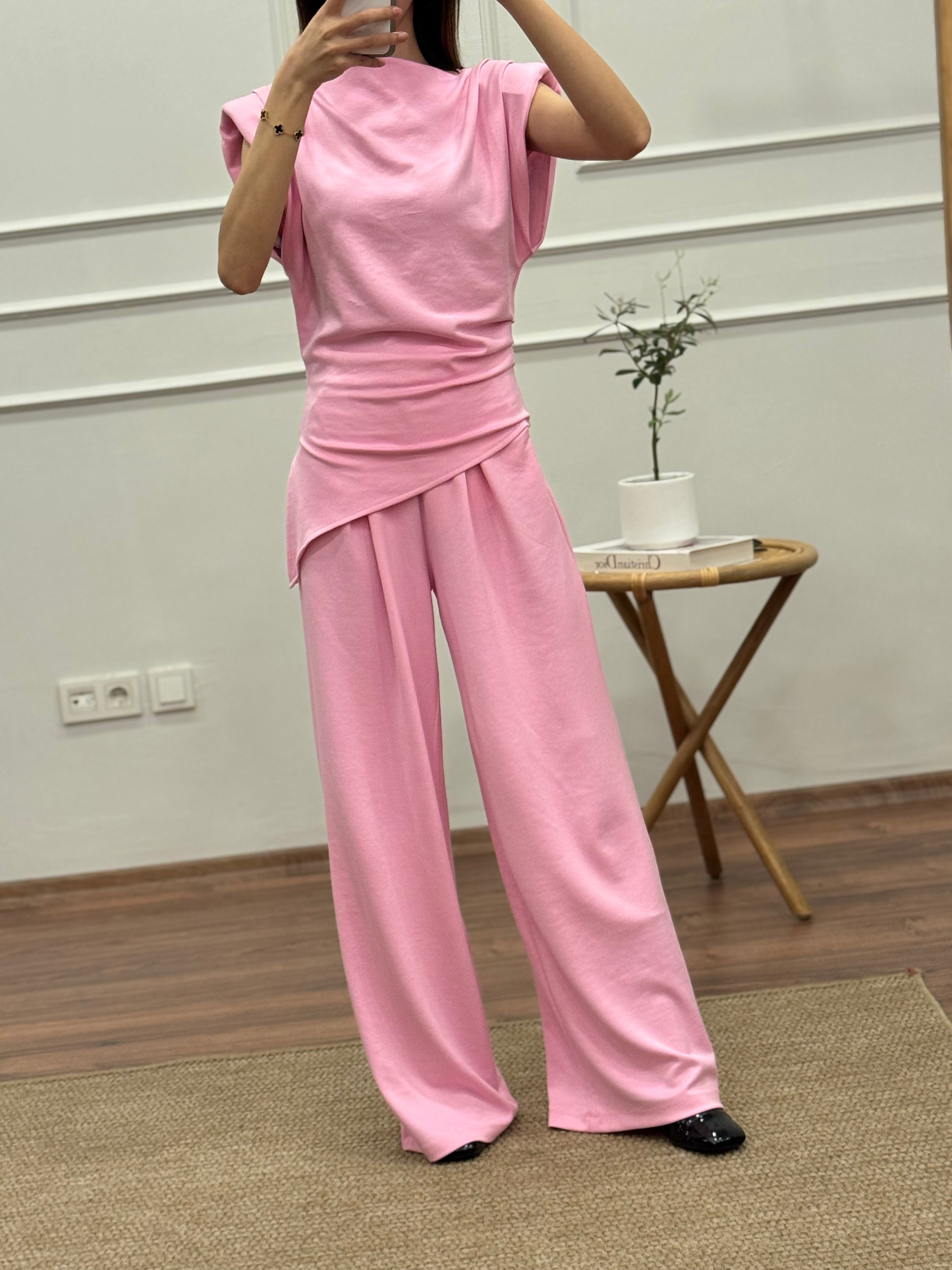 Stella Özel Tasarım İspanyol Pantolon Bluz Toz Pembe Takım