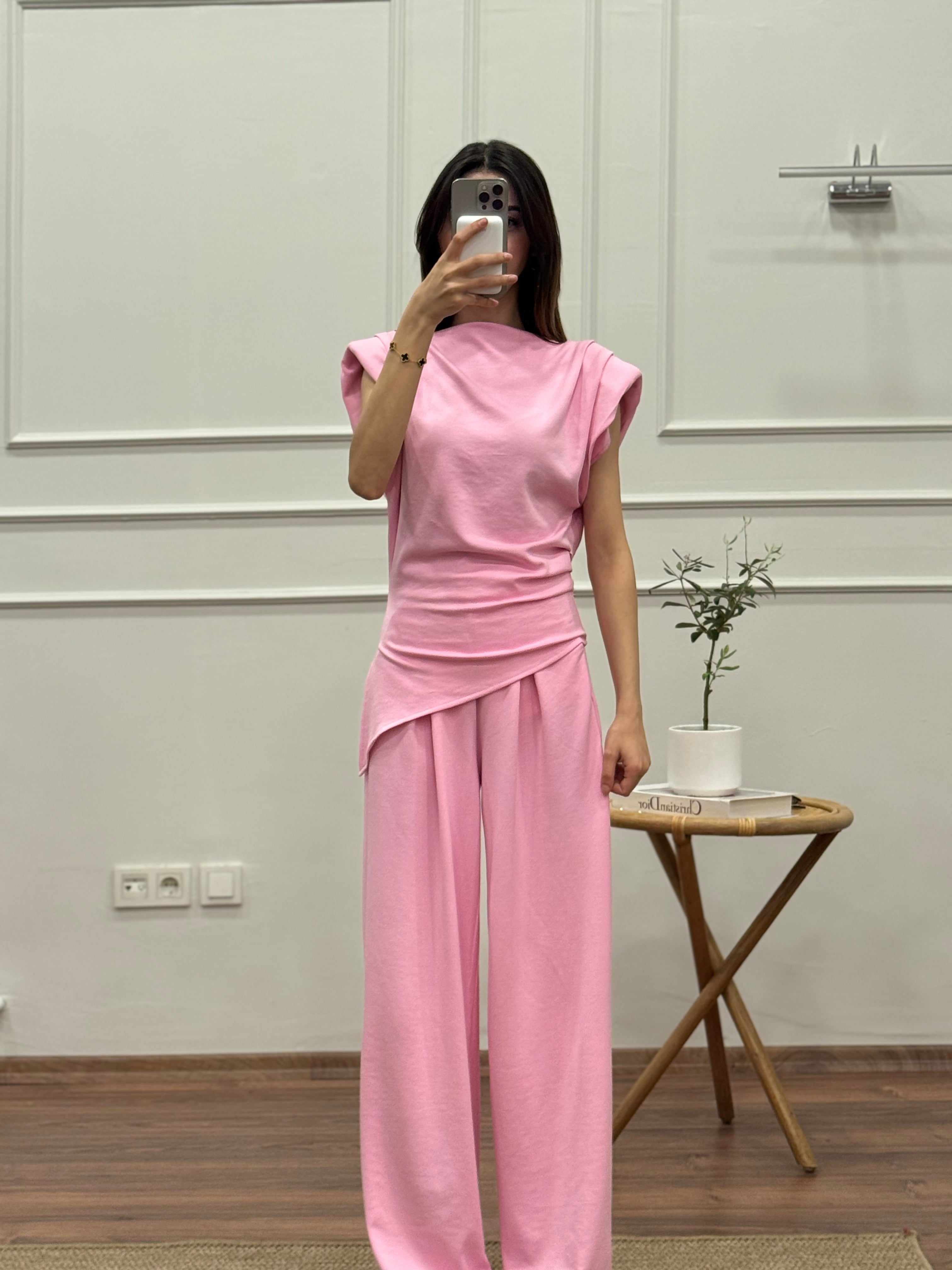 Stella Özel Tasarım İspanyol Pantolon Bluz Toz Pembe Takım