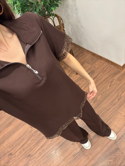 Sorel Fermuar ve Dantel Detay Kahverengi Takım