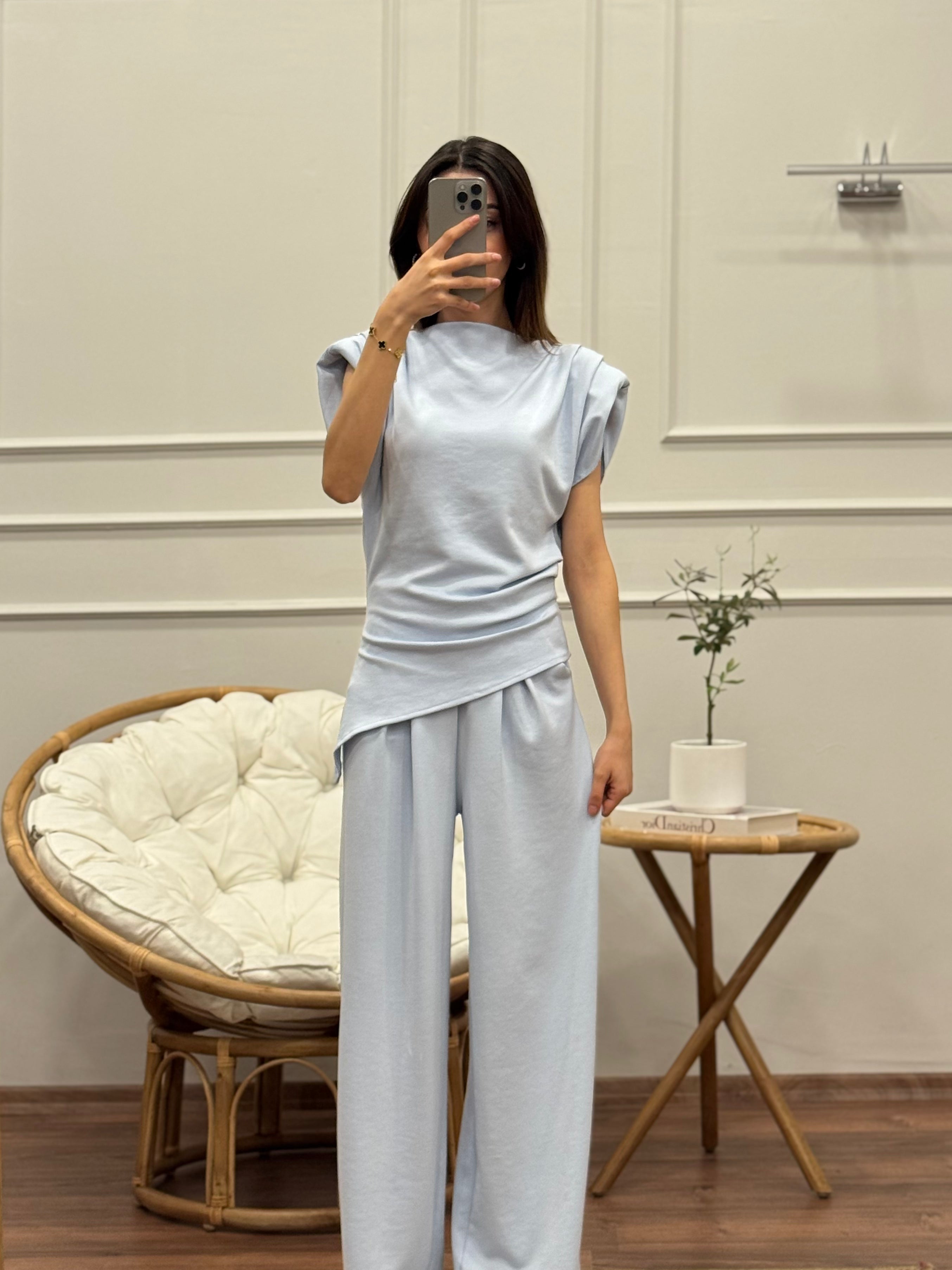 Stella Özel Tasarım İspanyol Pantolon Bluz Bebe Mavisi Takım