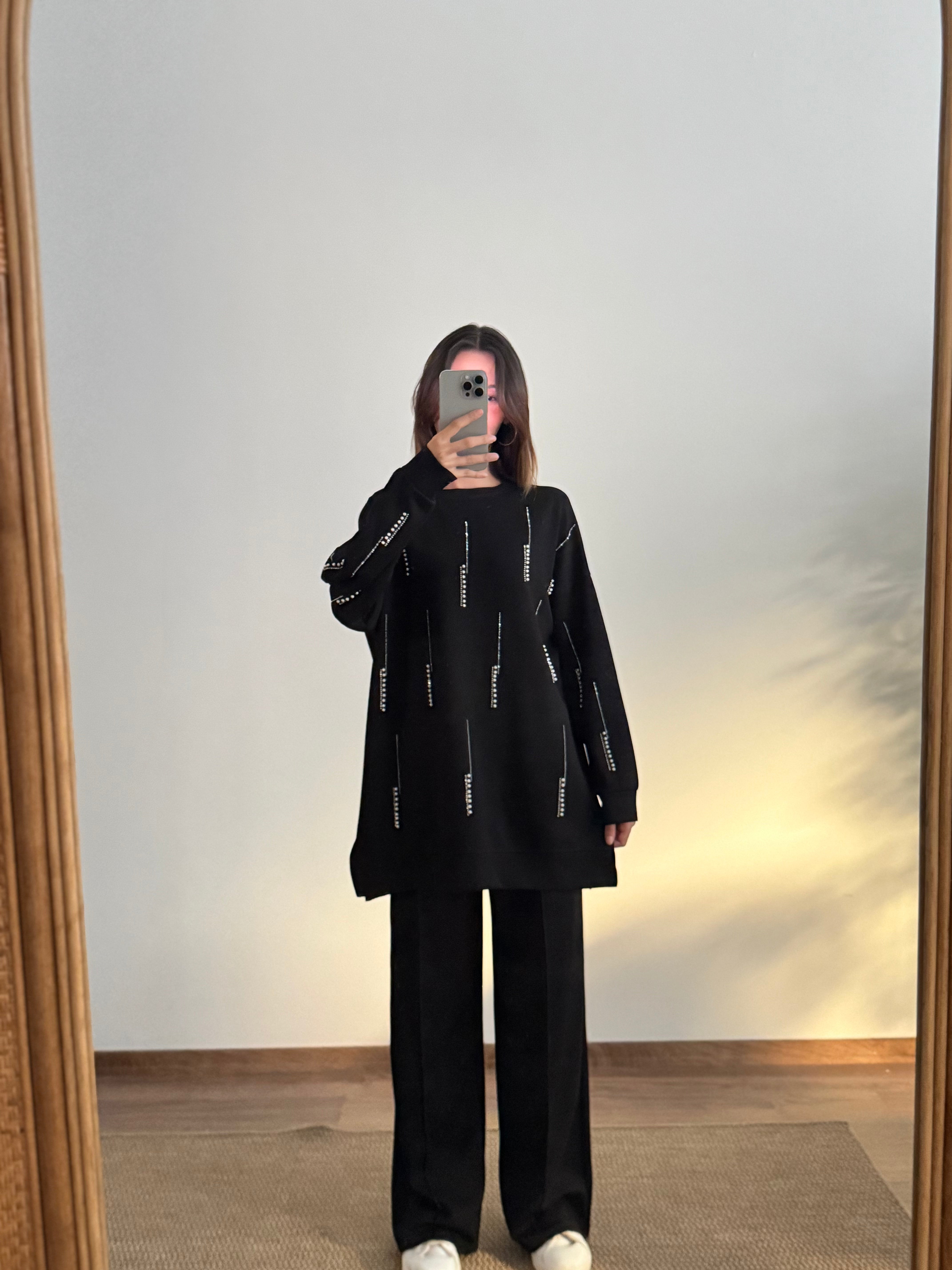 İnci Taş Detay Tunik Pantolon Siyah Takım