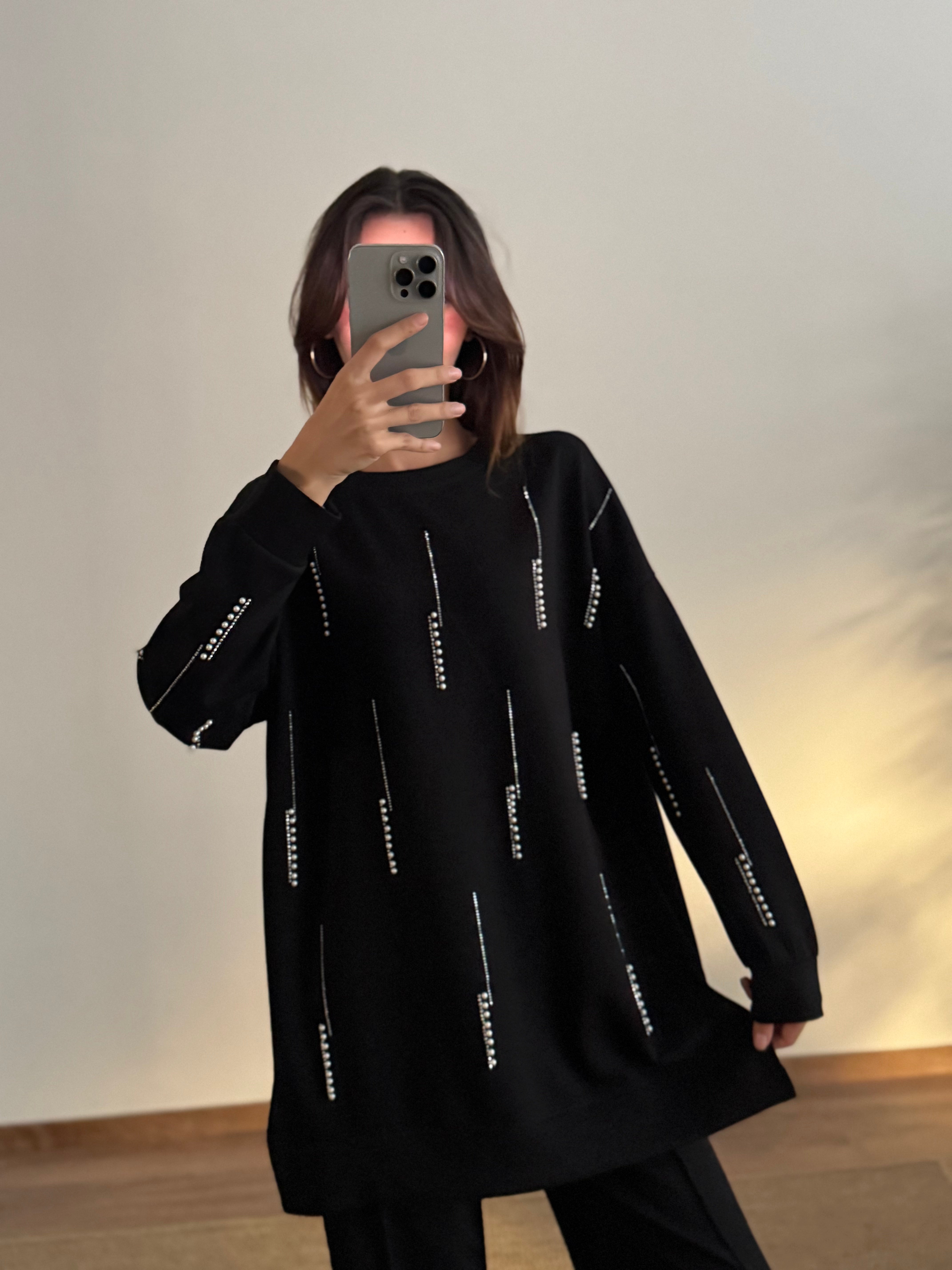 İnci Taş Detay Tunik Pantolon Siyah Takım