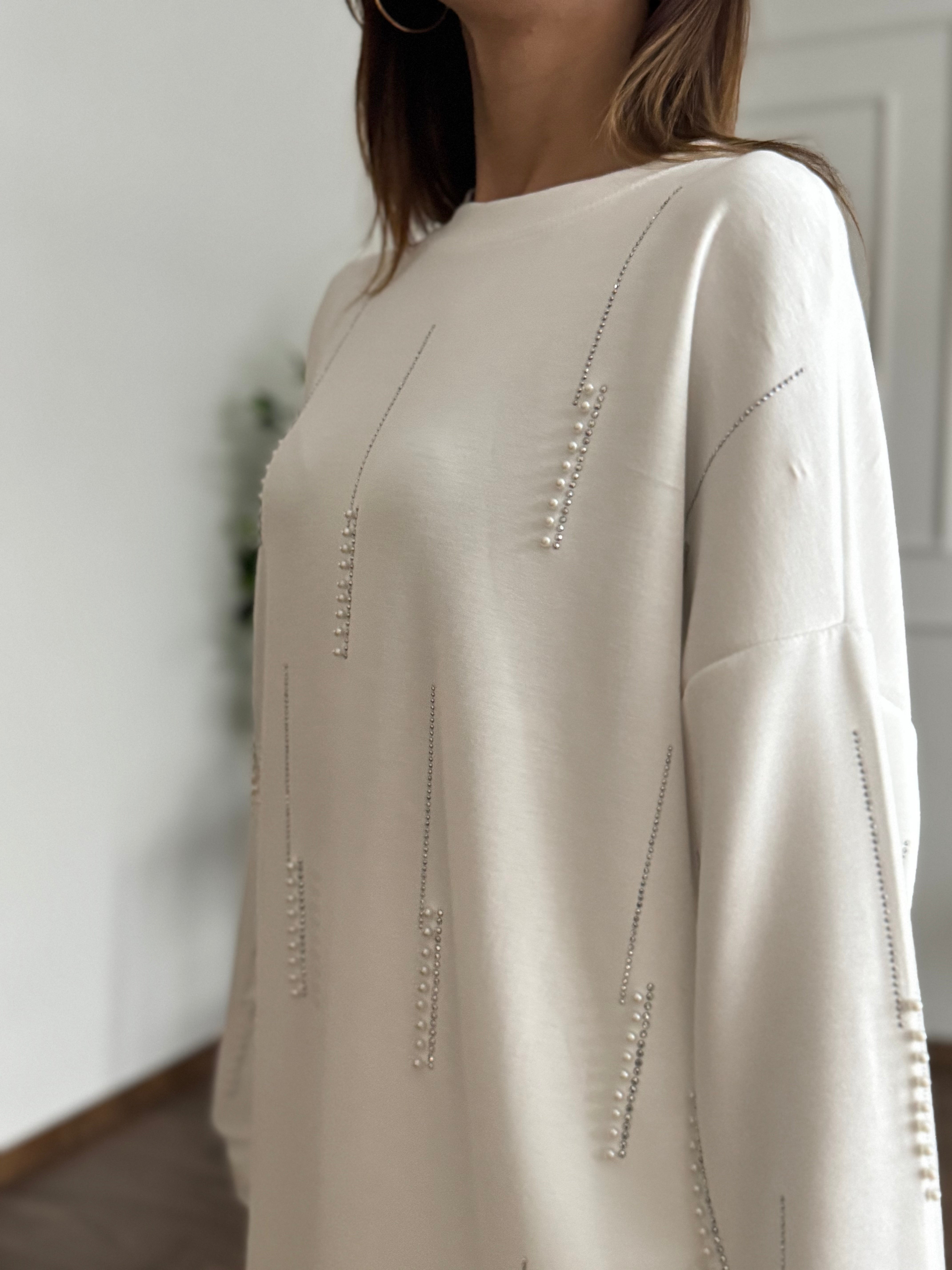 İnci Taş Detay Tunik Pantolon Beyaz Takım