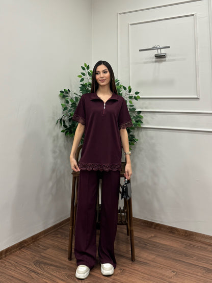 Sorel Fermuar ve Dantel Detay Bordo Takım