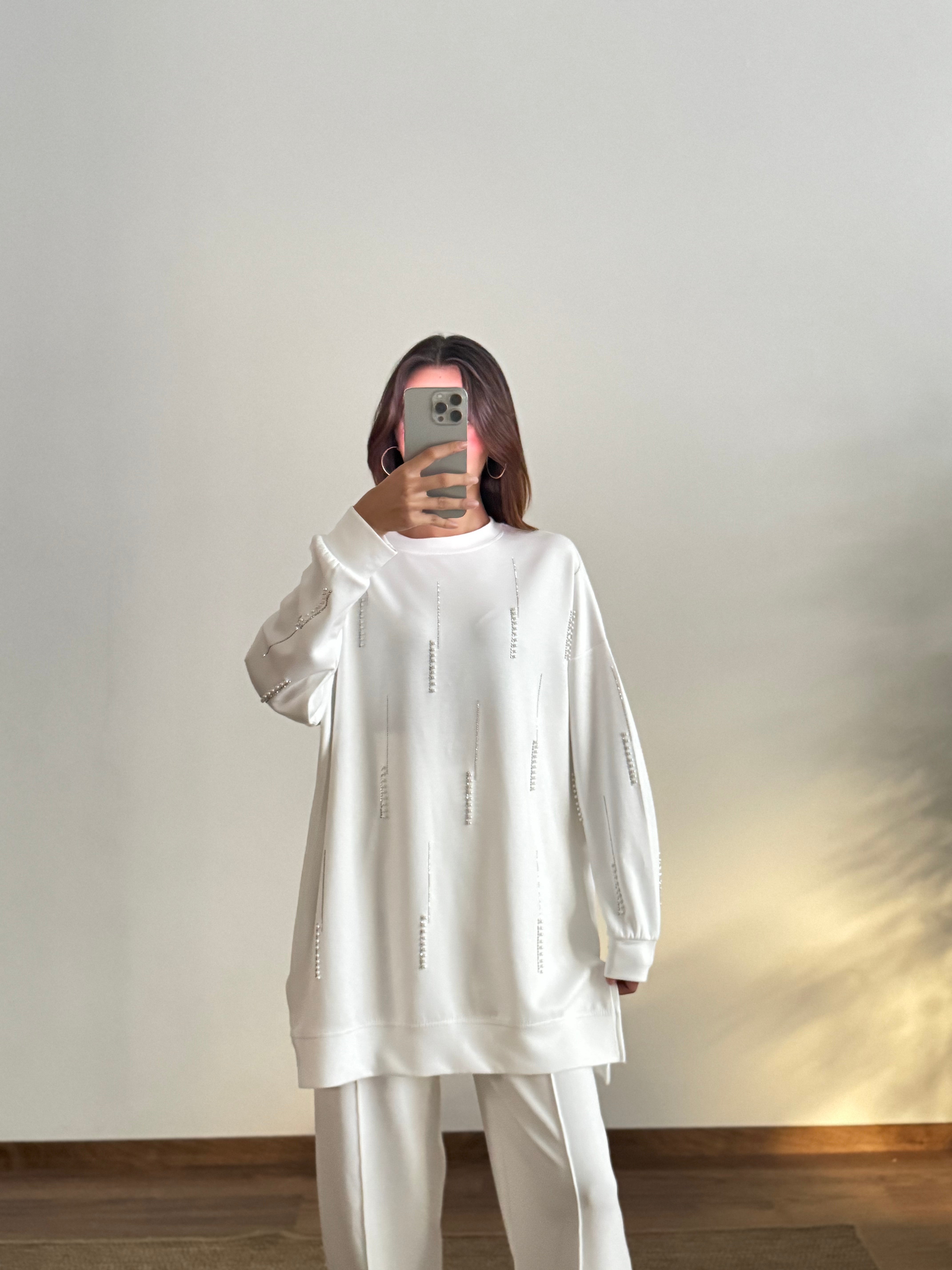 İnci Taş Detay Tunik Pantolon Beyaz Takım