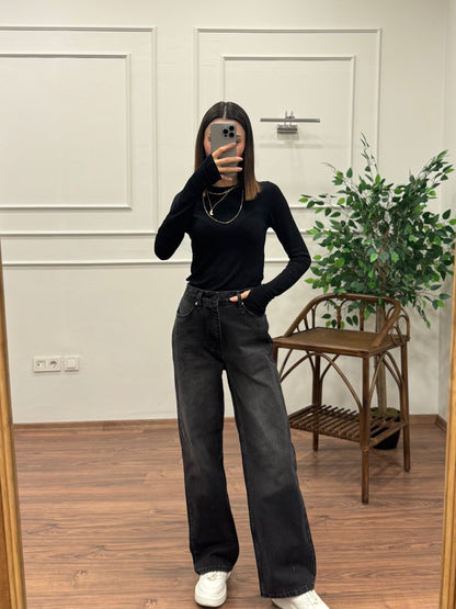 Wide Leg Siyah Yıkamalı Jean