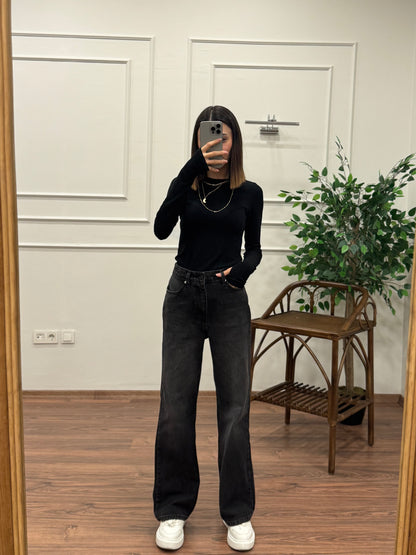 Wide Leg Siyah Yıkamalı Jean