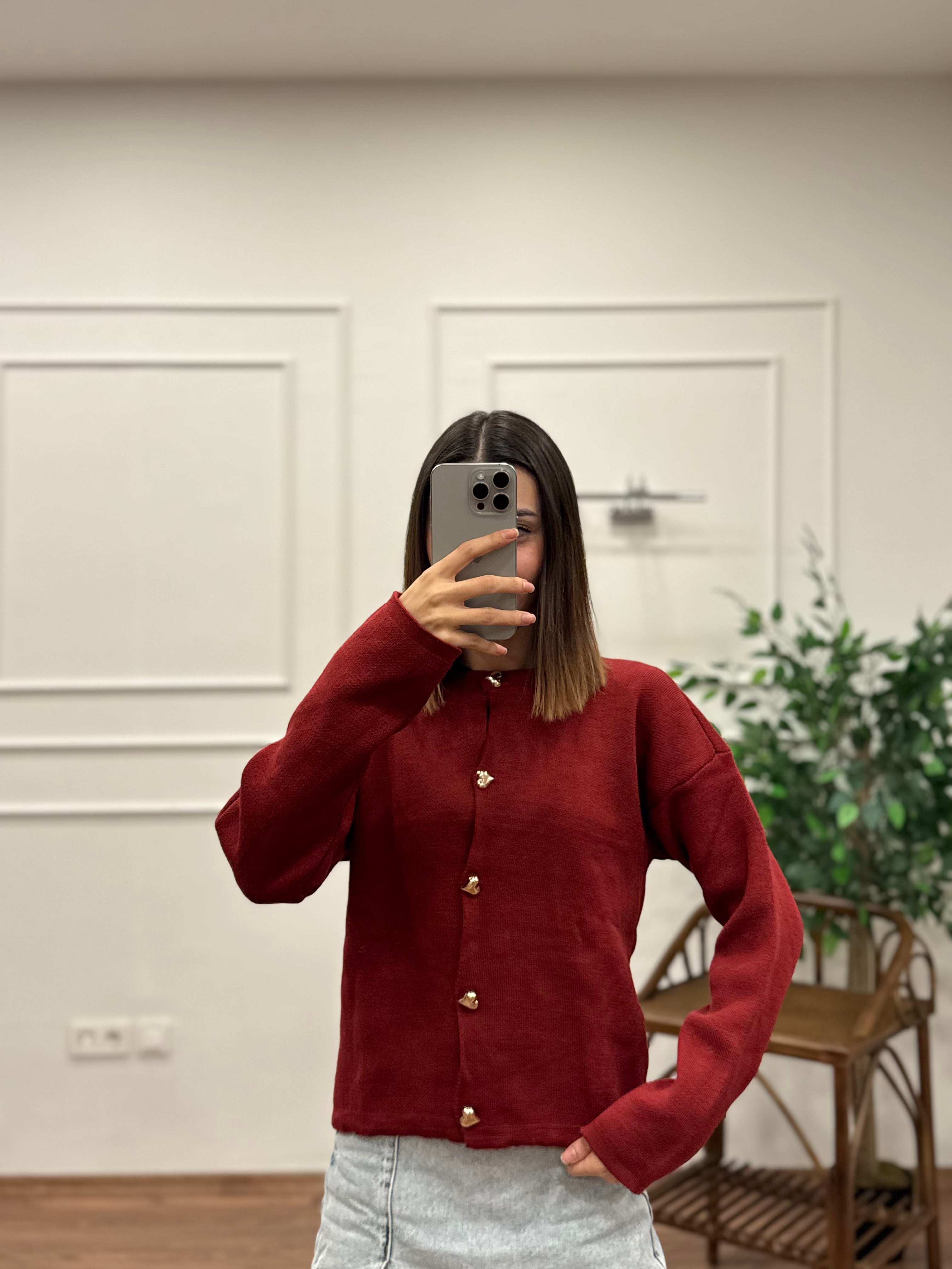 Kalp Düğme Detay Bordo Triko Hırka