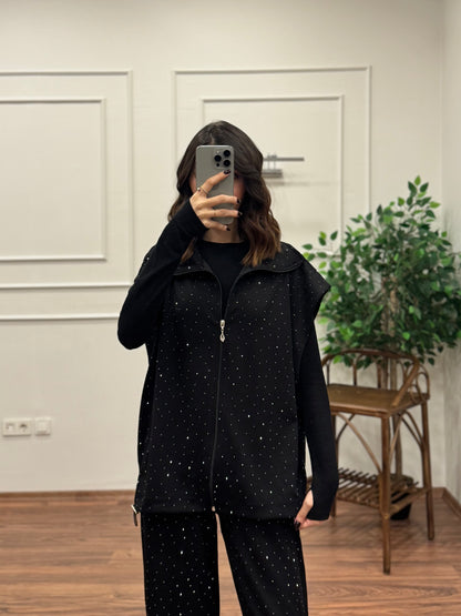Lumi Yelek Pantolon Taşlı Siyah Takım