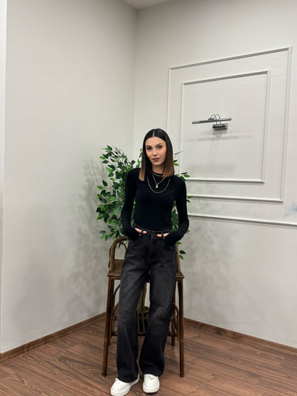 Wide Leg Siyah Yıkamalı Jean