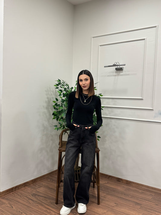 Wide Leg Siyah Yıkamalı Jean