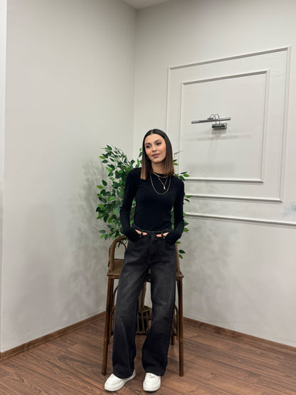 Wide Leg Siyah Yıkamalı Jean