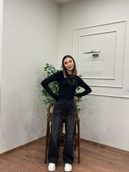 Wide Leg Siyah Yıkamalı Jean