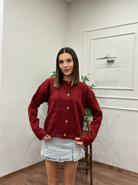 Kalp Düğme Detay Bordo Triko Hırka