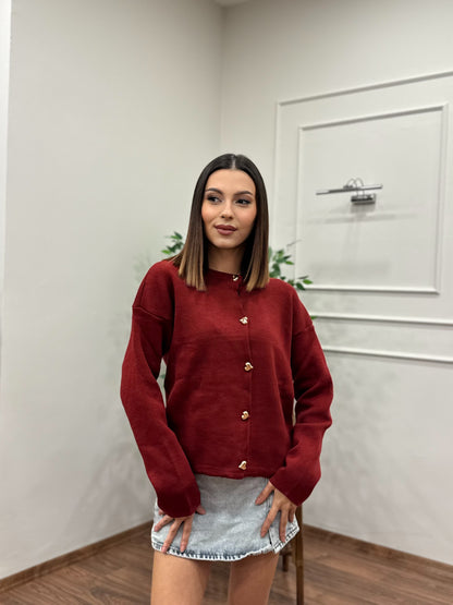 Kalp Düğme Detay Bordo Triko Hırka