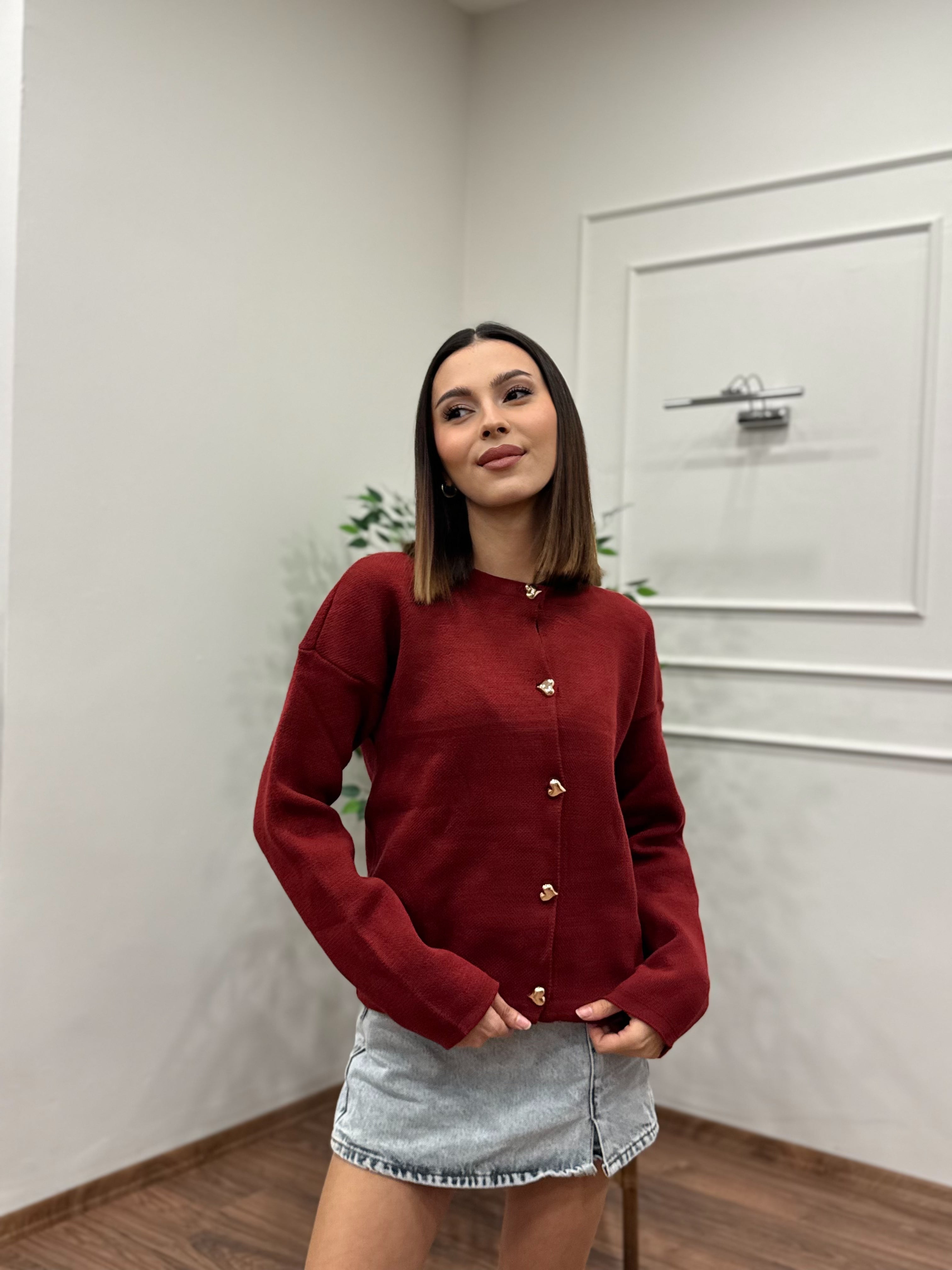 Kalp Düğme Detay Bordo Triko Hırka