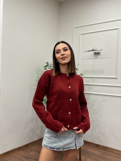 Kalp Düğme Detay Bordo Triko Hırka