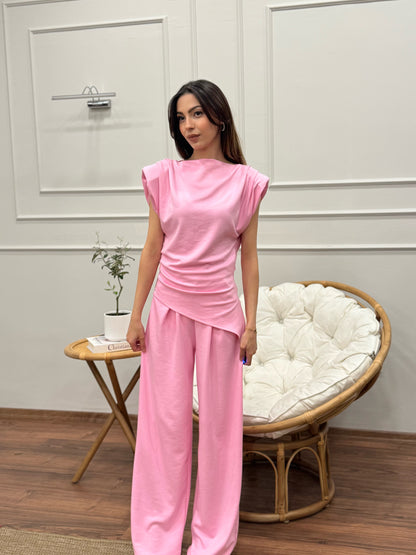 Stella Özel Tasarım İspanyol Pantolon Bluz Toz Pembe Takım