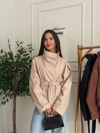 Cove Kuşaklı Astarlı Dik Yaka Bej Trençkot